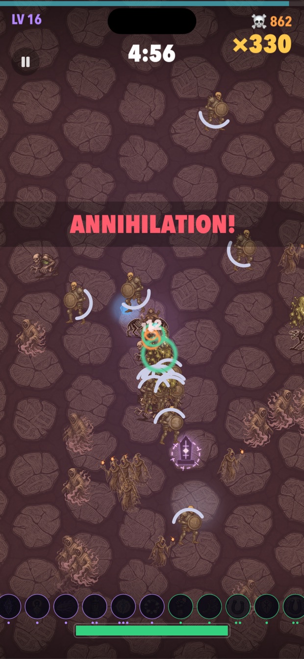 A hunter in the red Ashlands detonating a green poison-nova hex across a scattered pack of skeletons at level 16 for an 'Annihilation' streak.