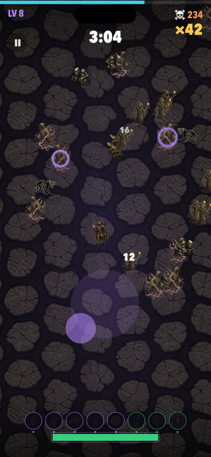 A hunter kiting across open ground with clear space around them as ghouls, bone hounds and cultists converge from every edge and hex rings burst on the horde at range