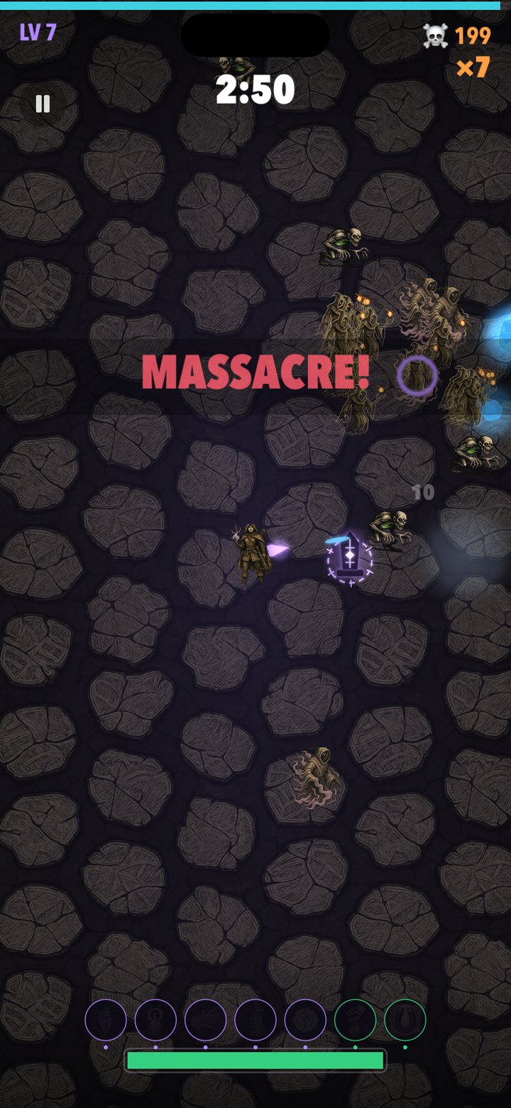 The hunter standing clear in the open Ossuary, loosing a magenta hex beam that strikes a skeleton across the crypt floor at range as a 'Massacre' streak lands.