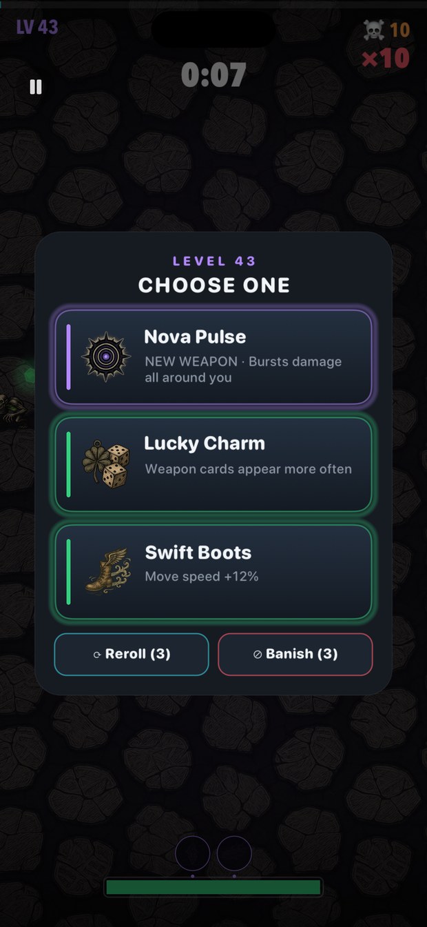 Level-up draft offering the Nova Pulse weapon alongside the Lucky Charm and Swift Boots items