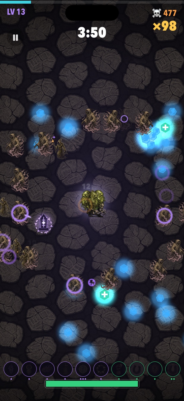 Chain-lightning and frost hexes detonating across a swarm of skeletons at level 13, the hunter clear in the open and firing from range.