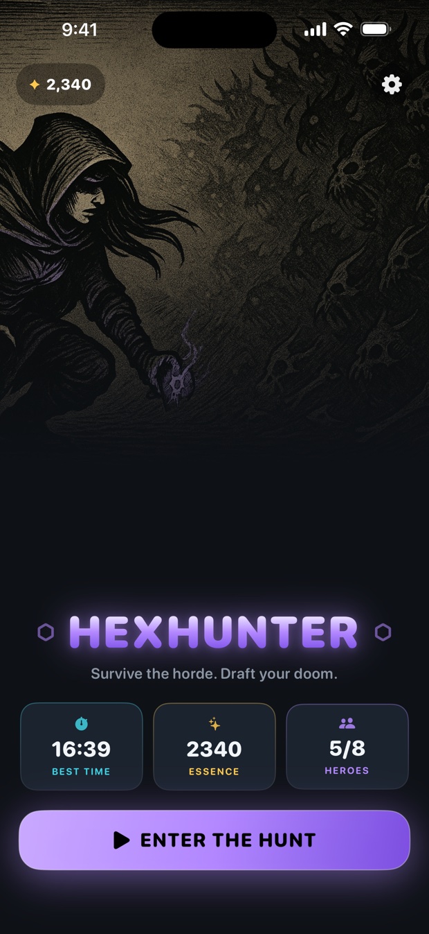 The Hexhunter home screen showing a 16:39 best time, 2340 essence, and 5 of 8 heroes unlocked