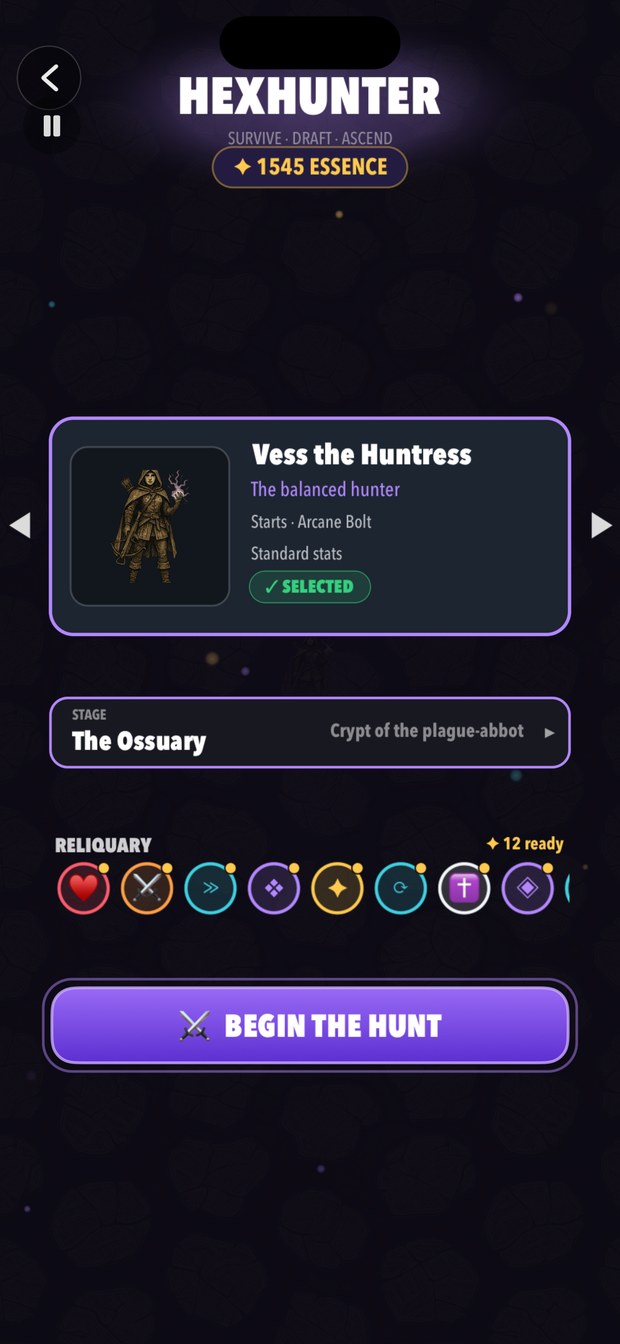The loadout screen with Vess the Huntress selected and the Ossuary chosen as the stage