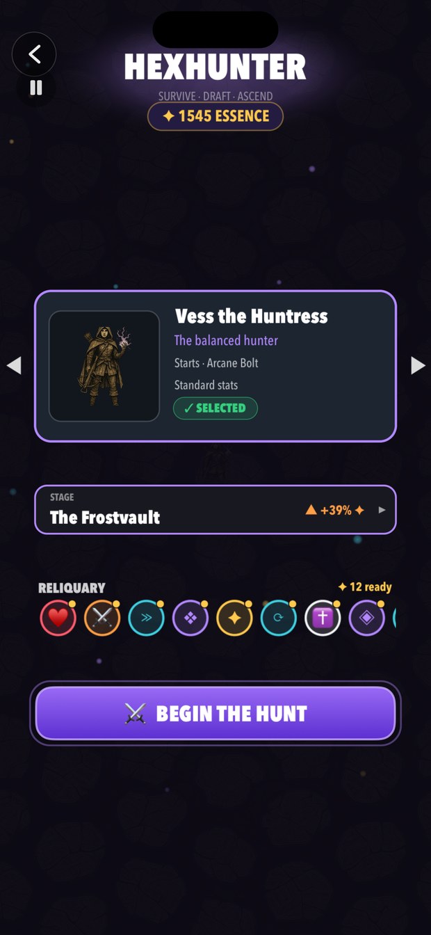 Stage selection on the loadout screen with the Frostvault chosen, showing a +39% essence bonus