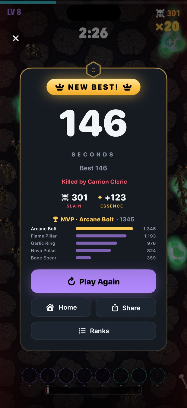 Run results with a weapon MVP breakdown led by Arcane Bolt at 1,345 damage