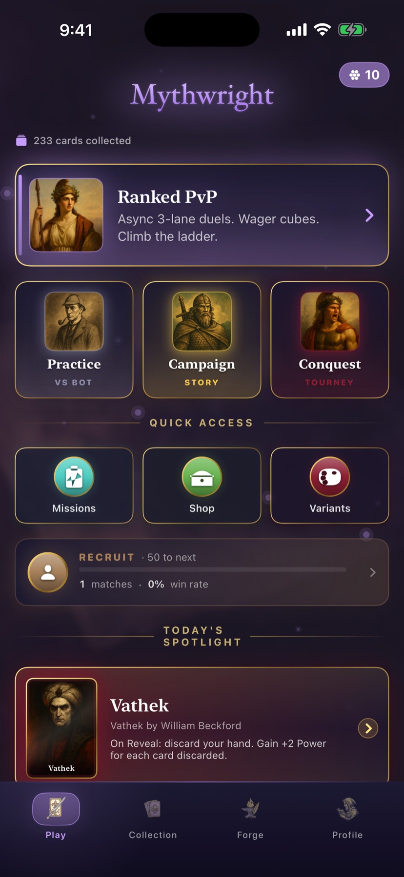The Mythwright home screen on iPhone — Ranked PvP, Practice, Campaign, and Conquest game modes with today's featured card.