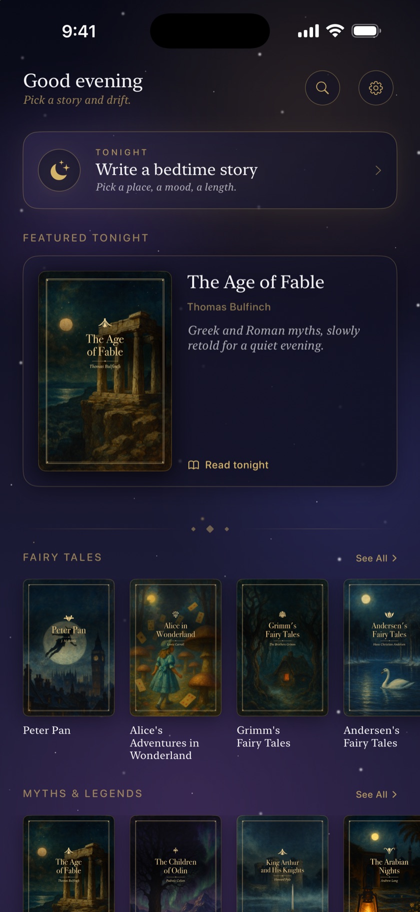 The Nightshelf home screen — a nighttime library with tonight's story, fairy tales, and myths and legends.