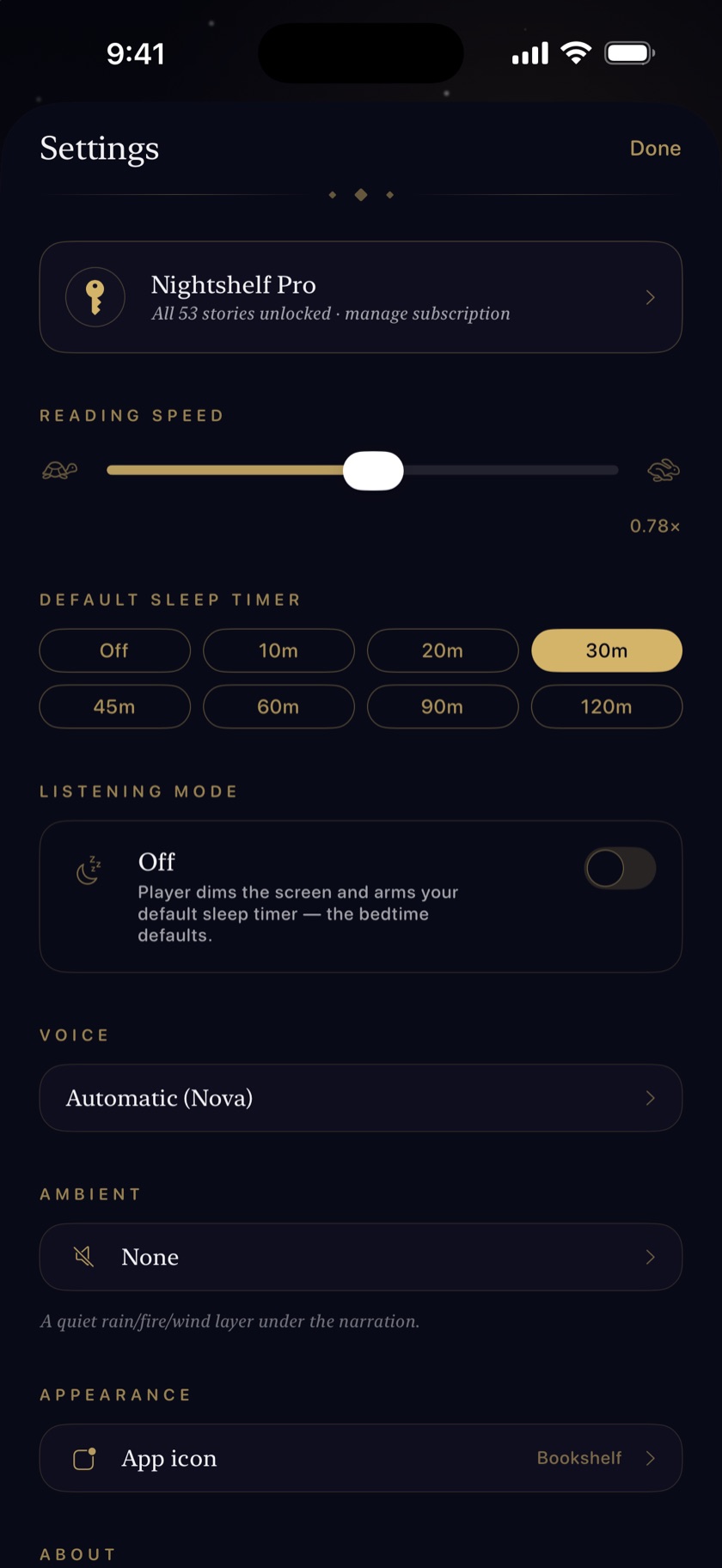 Nightshelf settings — reading speed, default sleep timer, listening mode, voice, and ambient sound.