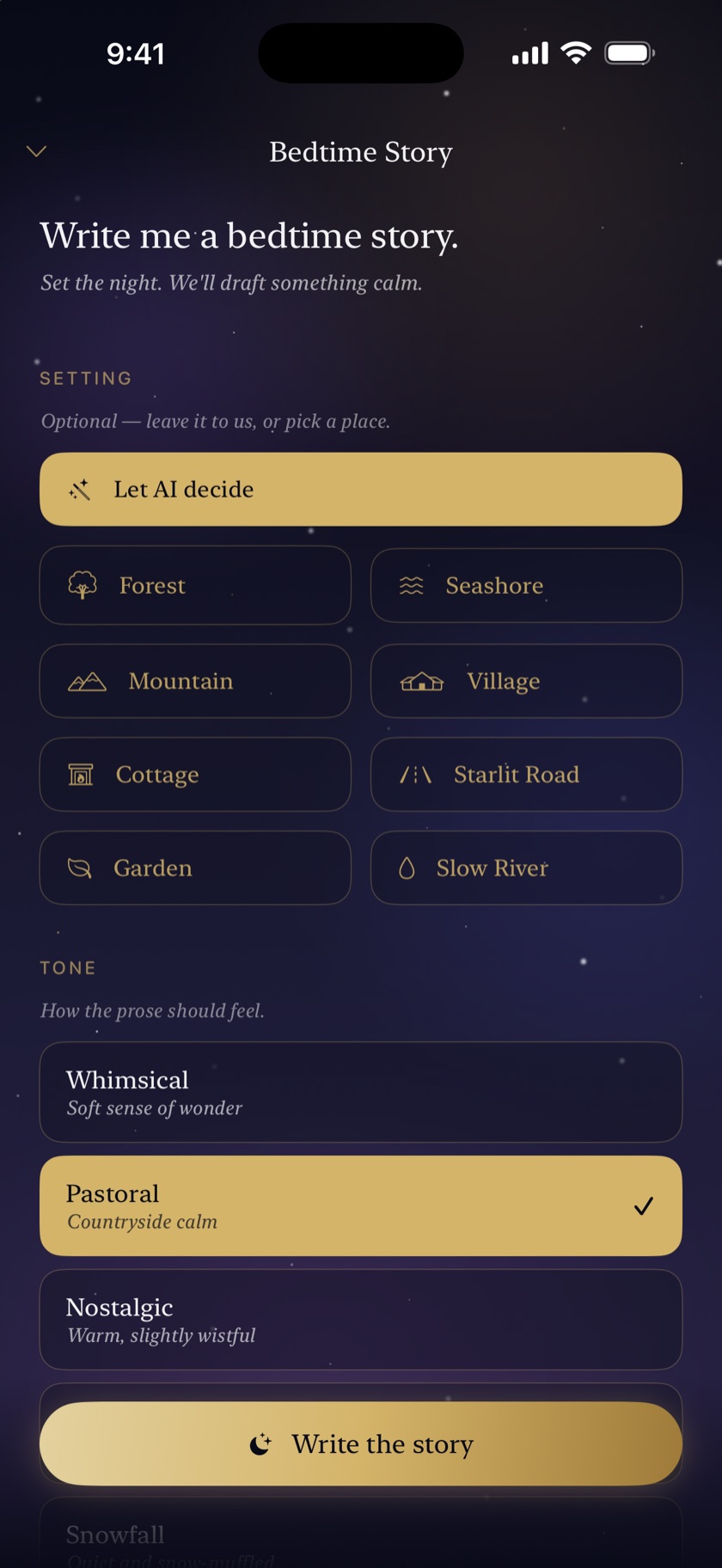 The Nightshelf bedtime-story composer — pick a setting and tone, then write a calm original story.