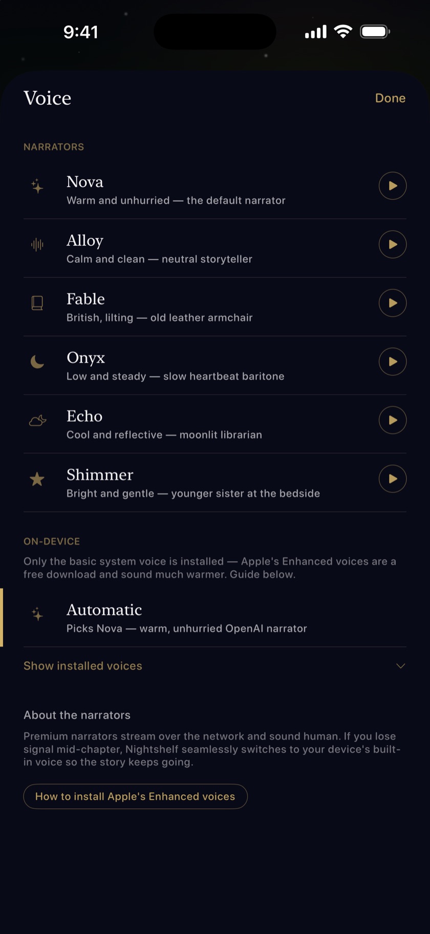 The Nightshelf voice picker — six warm narrators like Nova, Fable, and Onyx to read each story.