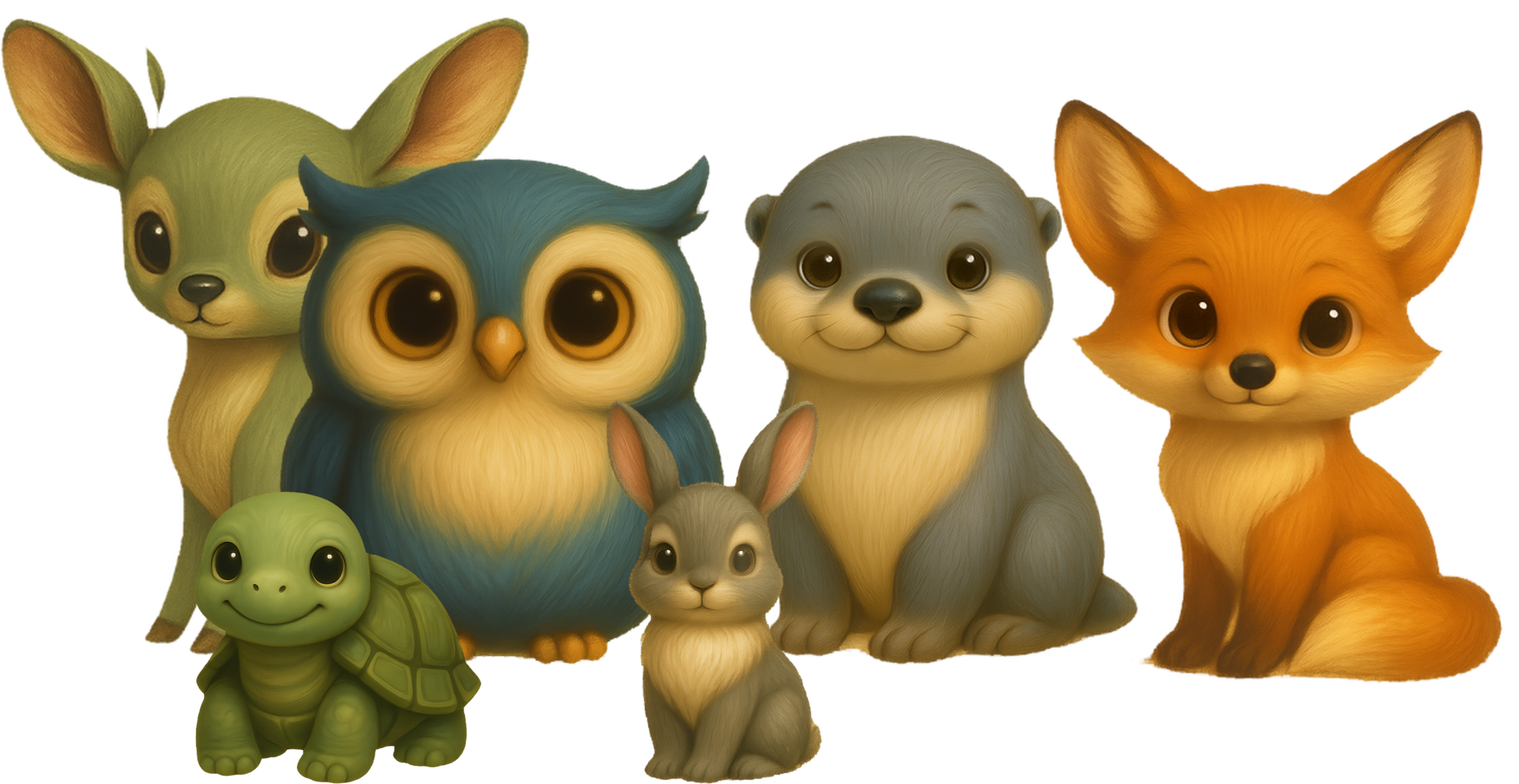 The six Quietoak companions sitting together — a fawn, an owl, an otter, and a fox, with a tortoise and a rabbit nestled in front