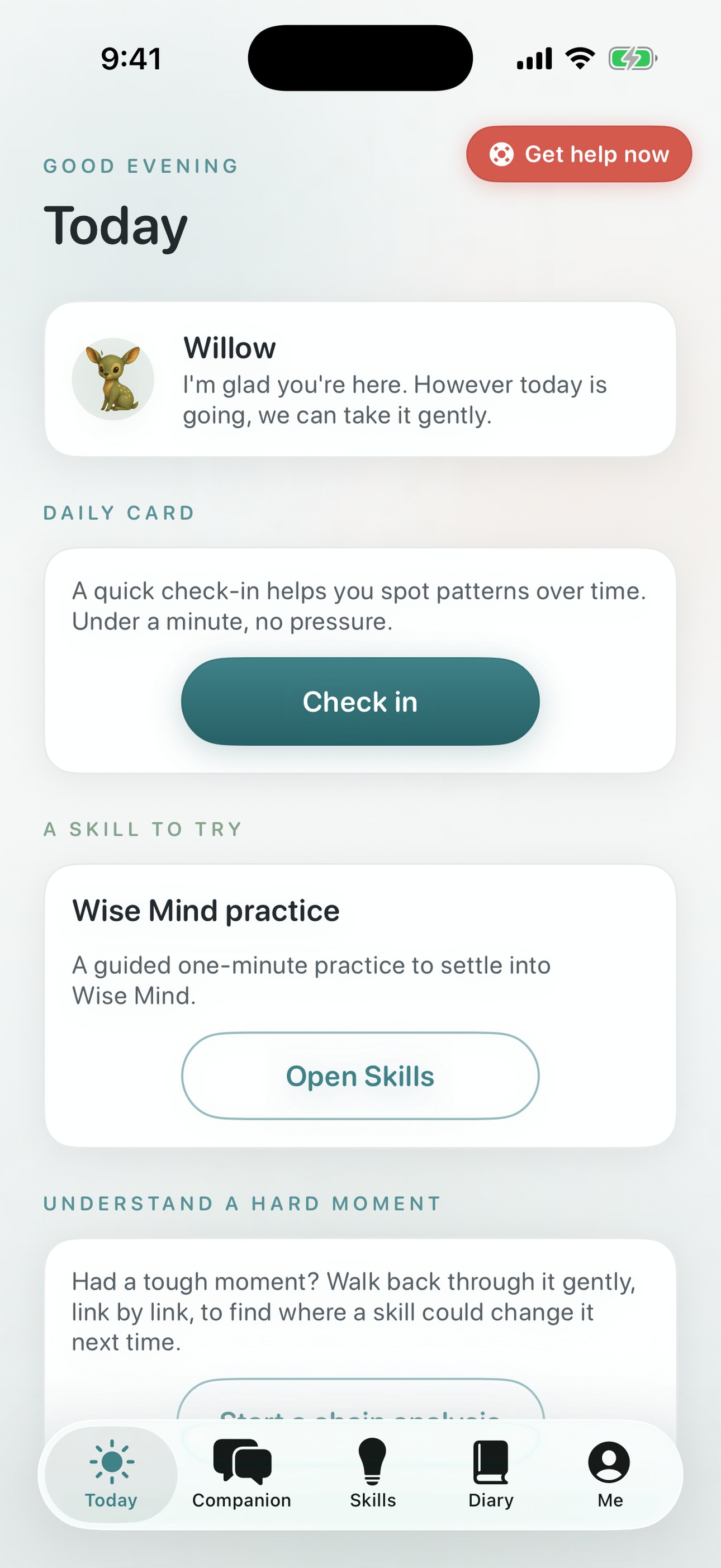 Quietoak Today tab — a companion greeting and a one-minute check-in