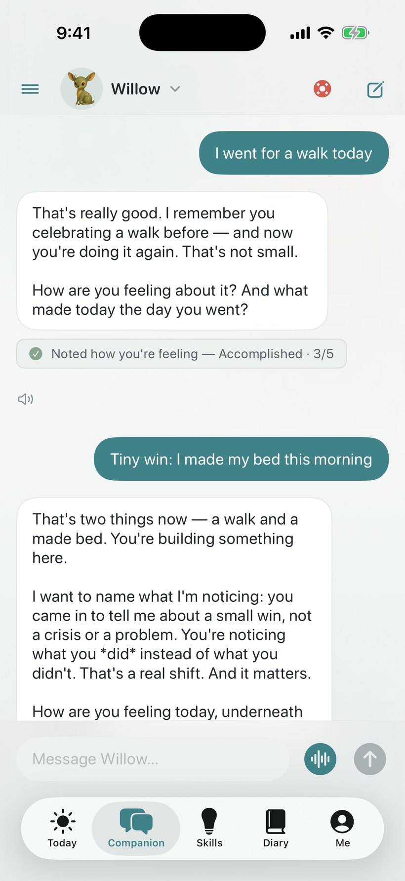 Quietoak companion listening — validating and asking what made the day hard