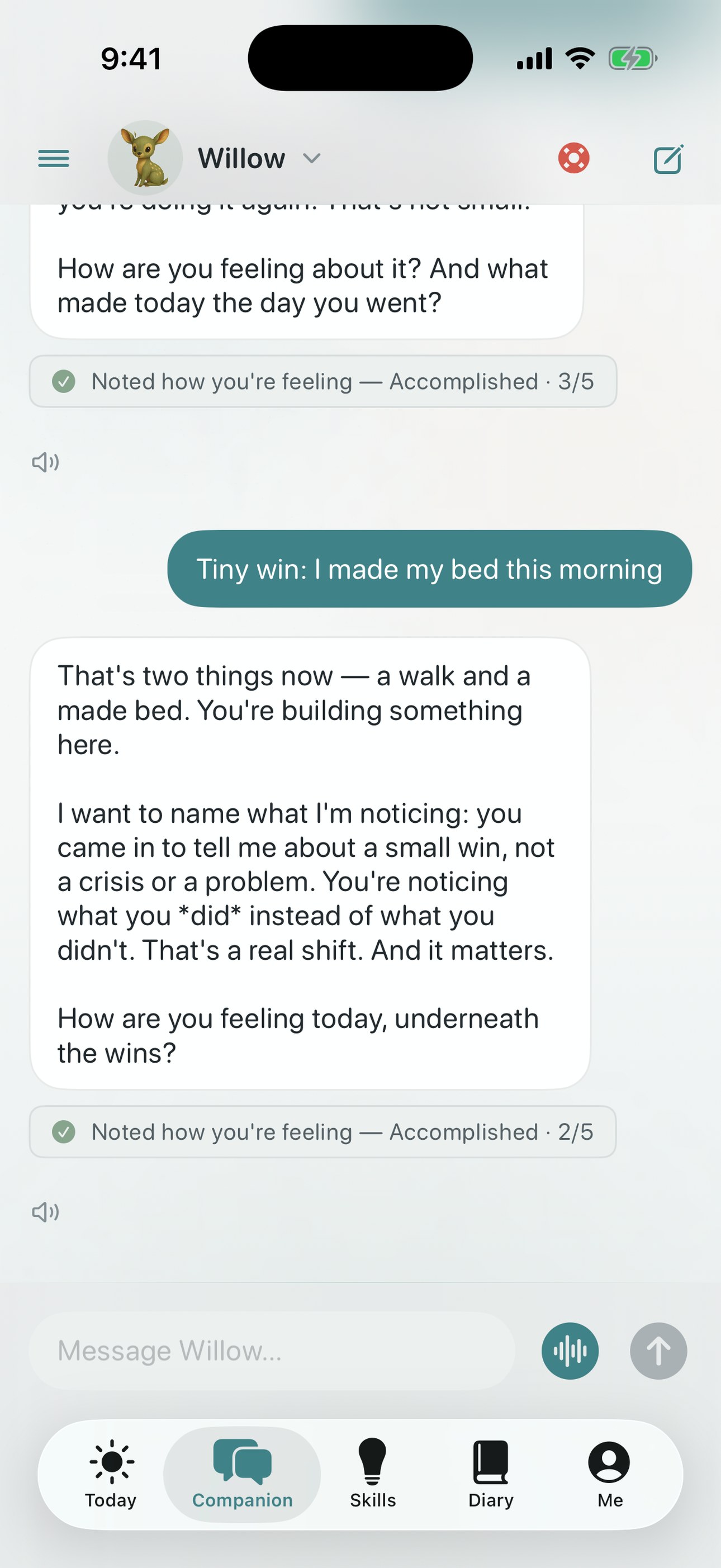 Quietoak companion bringing a Paced Breathing exercise into the chat
