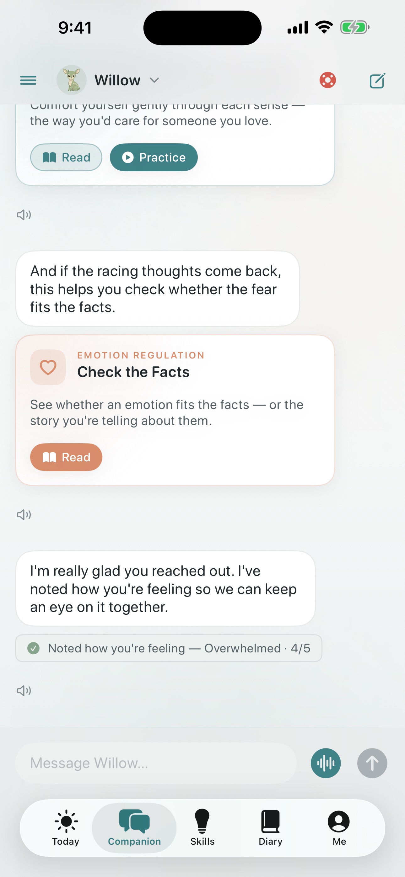 Quietoak companion chat with DBT skill cards brought right into the conversation