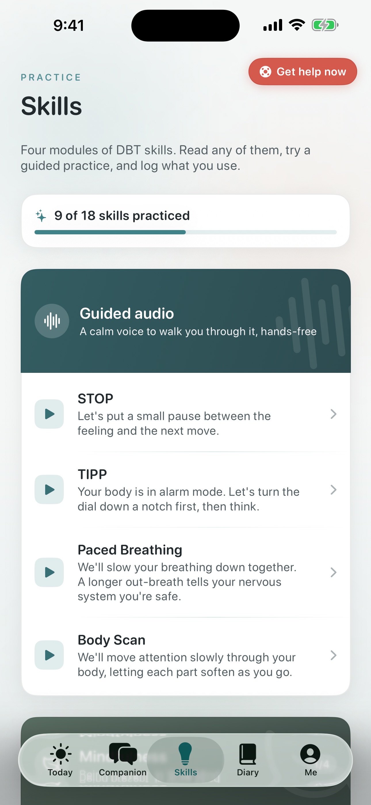 Quietoak Skills tab — the four DBT modules