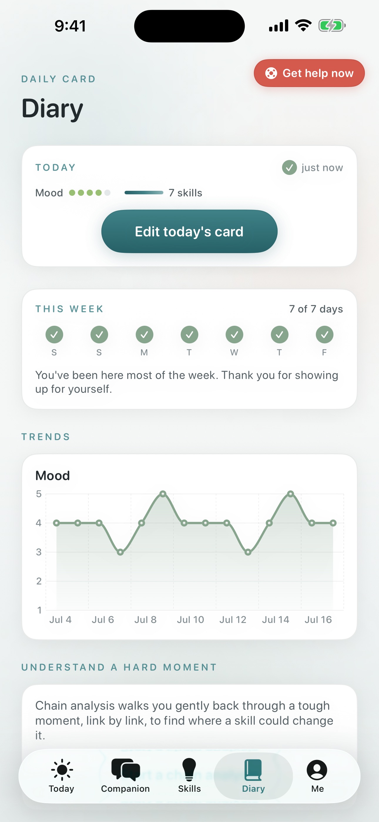 Quietoak diary card — mood and emotions in under a minute