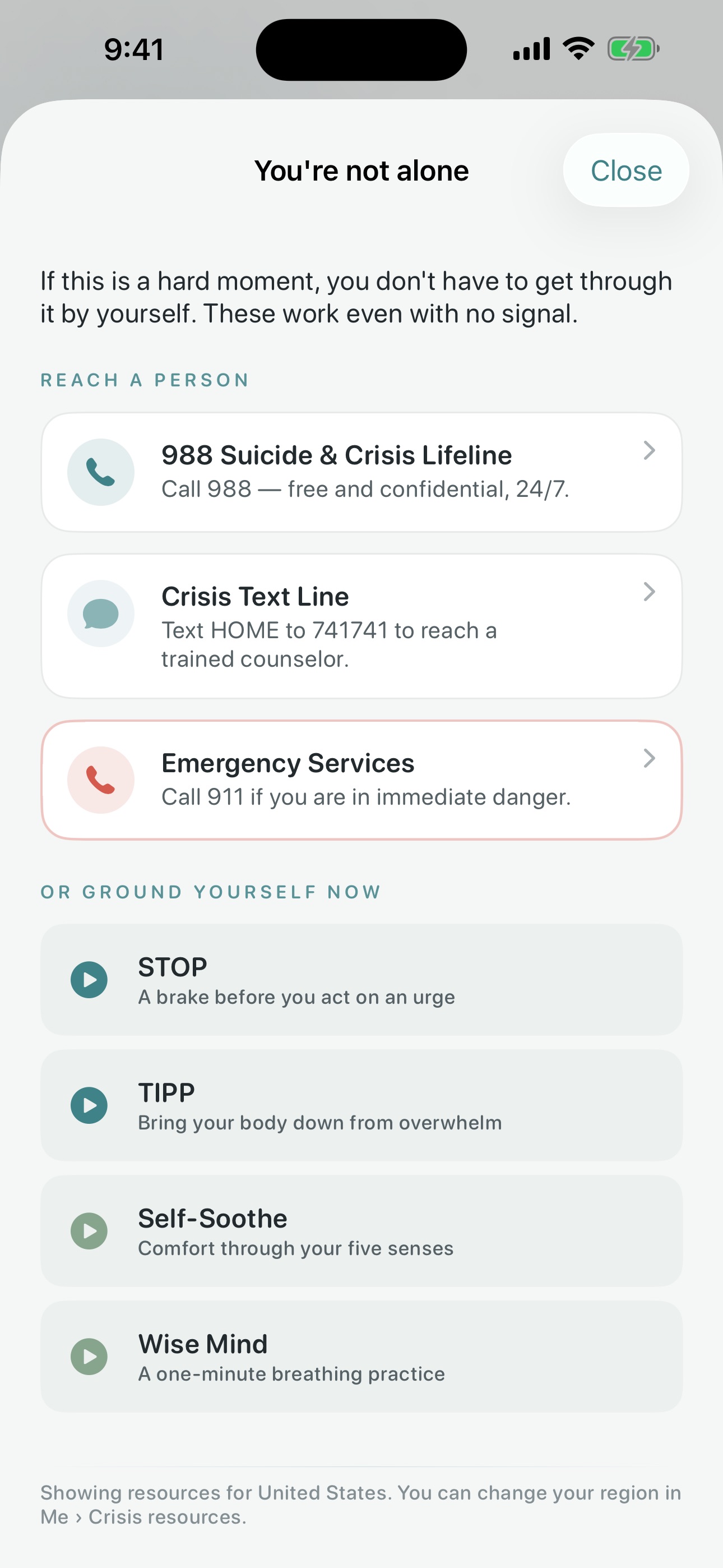 Quietoak Crisis Survival Kit — 988, 741741, and grounding skills