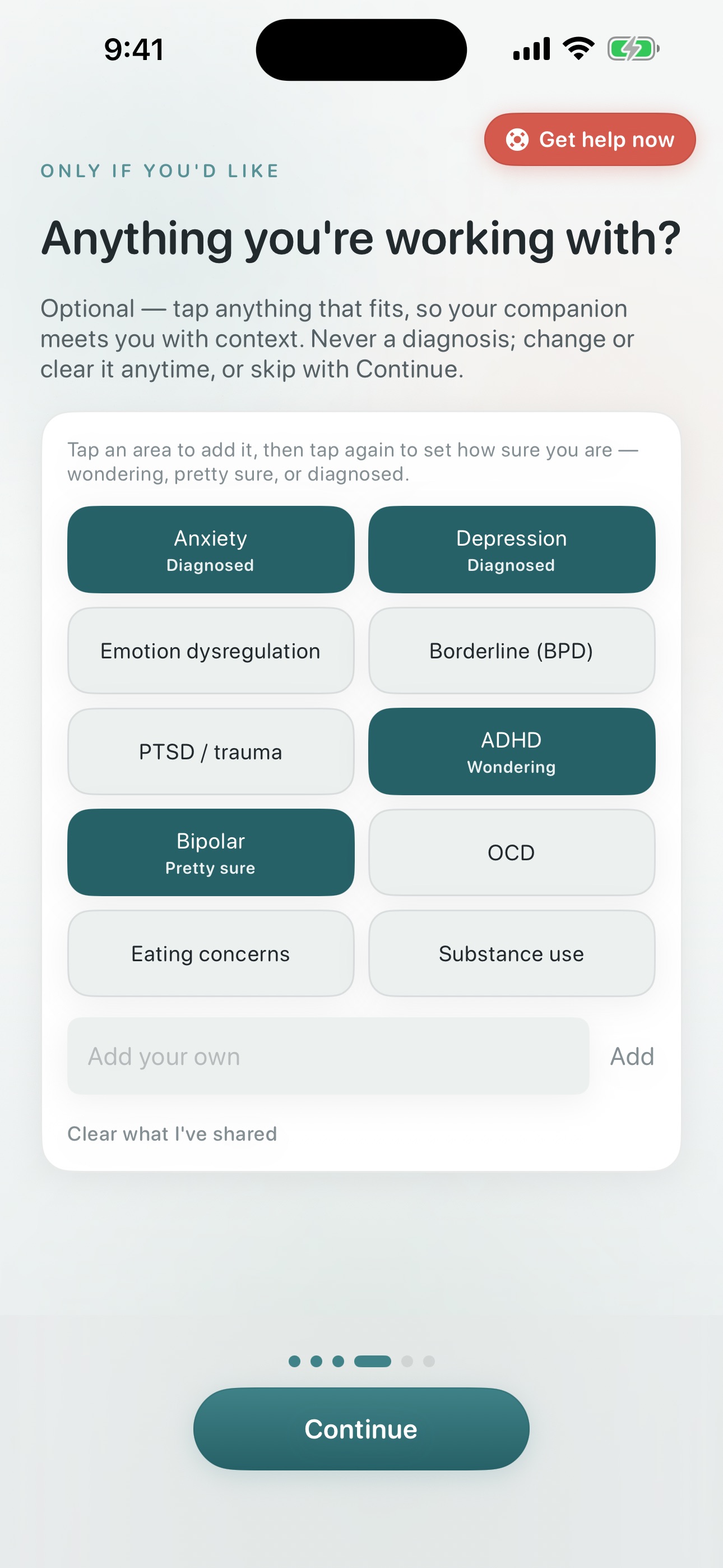 Quietoak onboarding — sharing what you're navigating, with a Wondering / Pretty sure / Diagnosed level picker