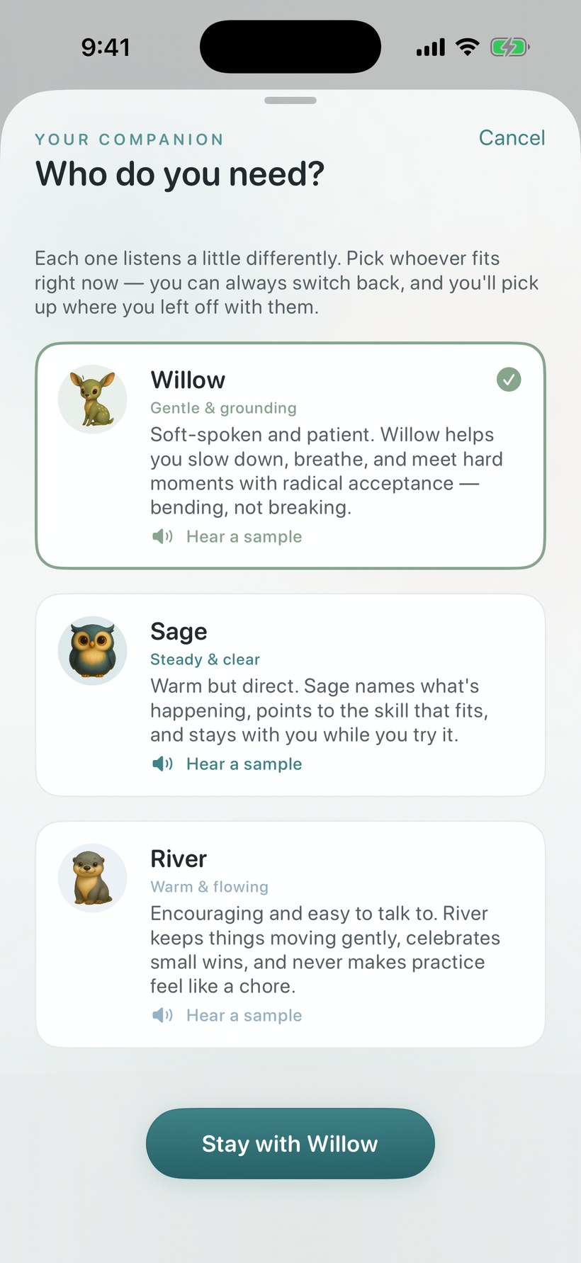 Quietoak companion switcher — choosing which companion you need right now, each with a voice sample