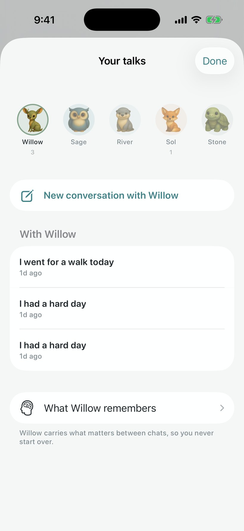 Quietoak conversations drawer — saved talks and what your companion remembers between chats