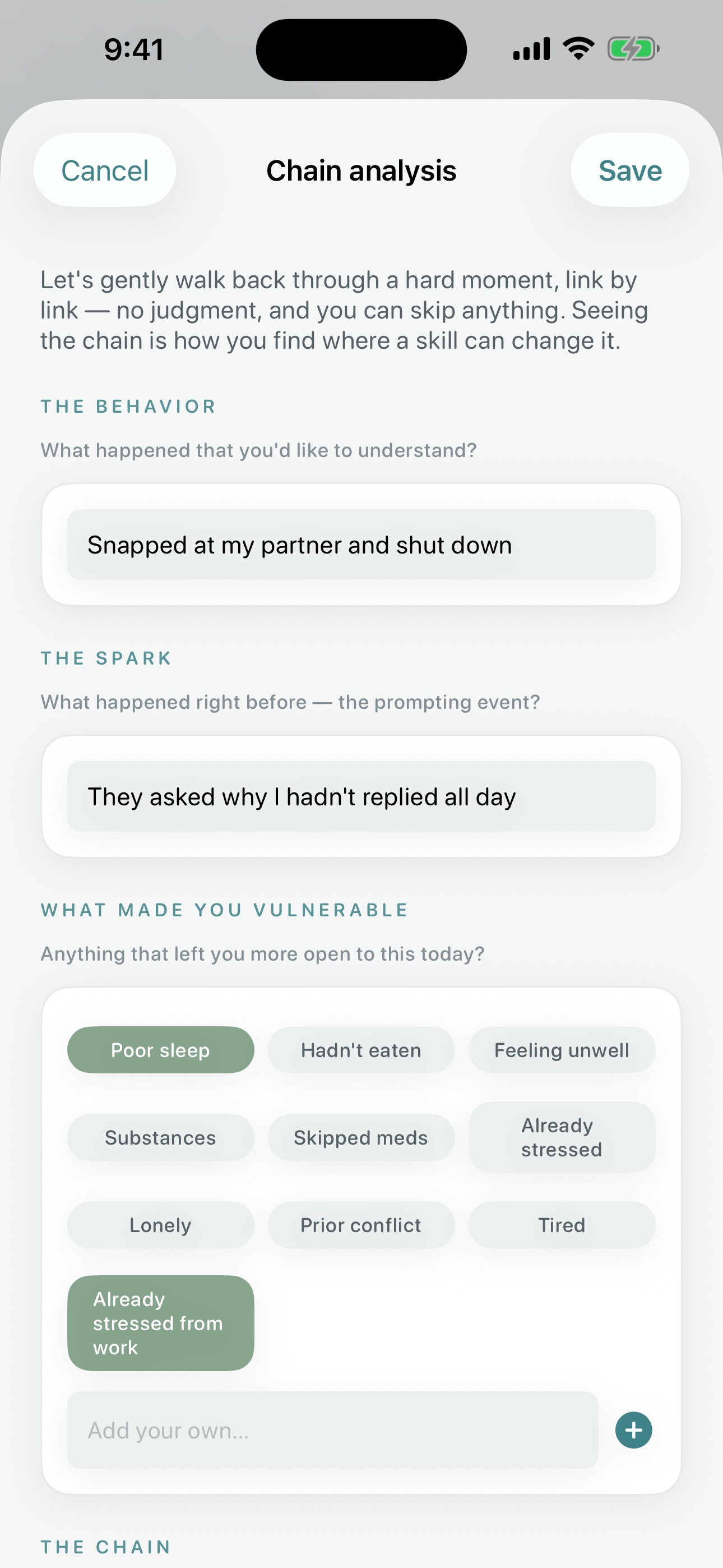 Quietoak chain analysis — gently tracing a hard moment link by link to find where a skill fits