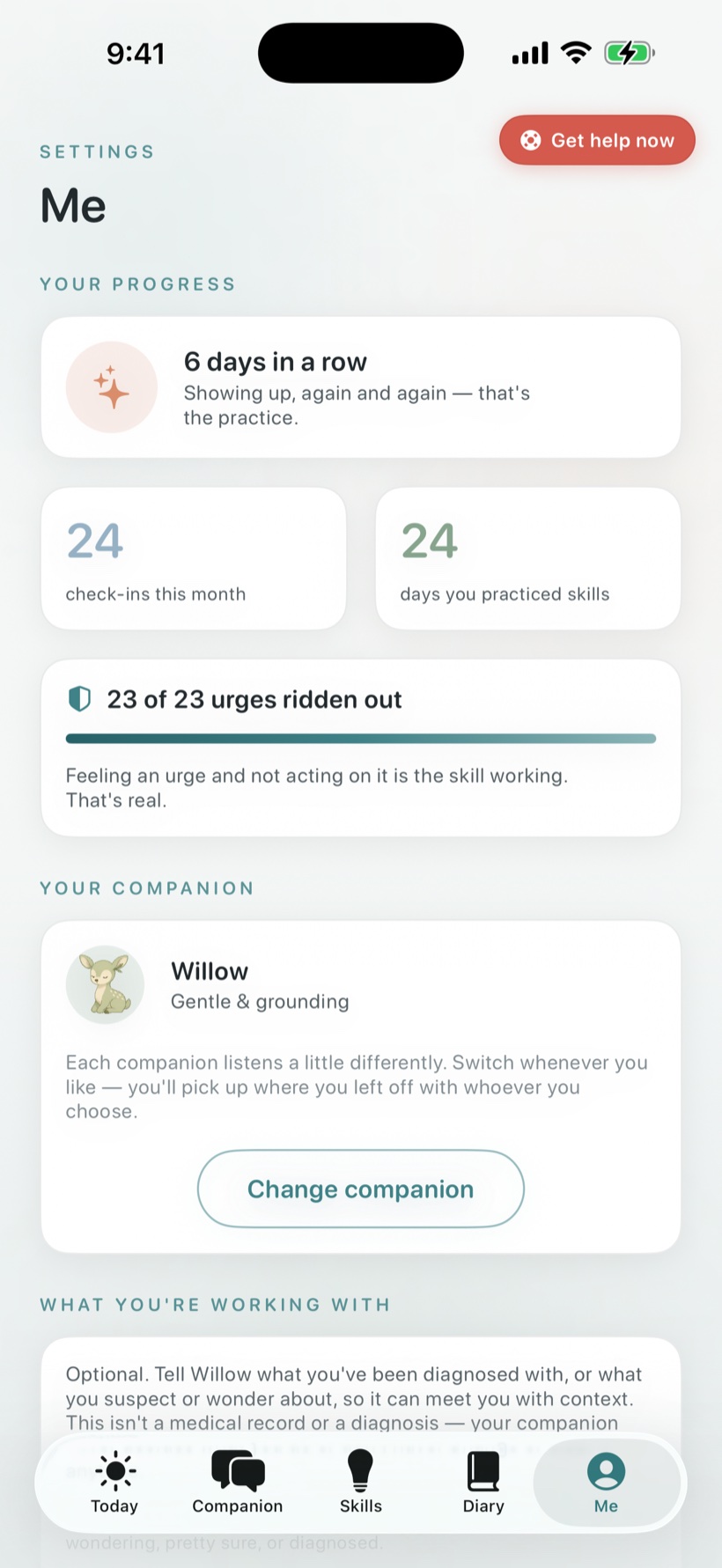 Quietoak progress — a gentle check-in streak, check-ins this month, days you practiced skills, and urges ridden out