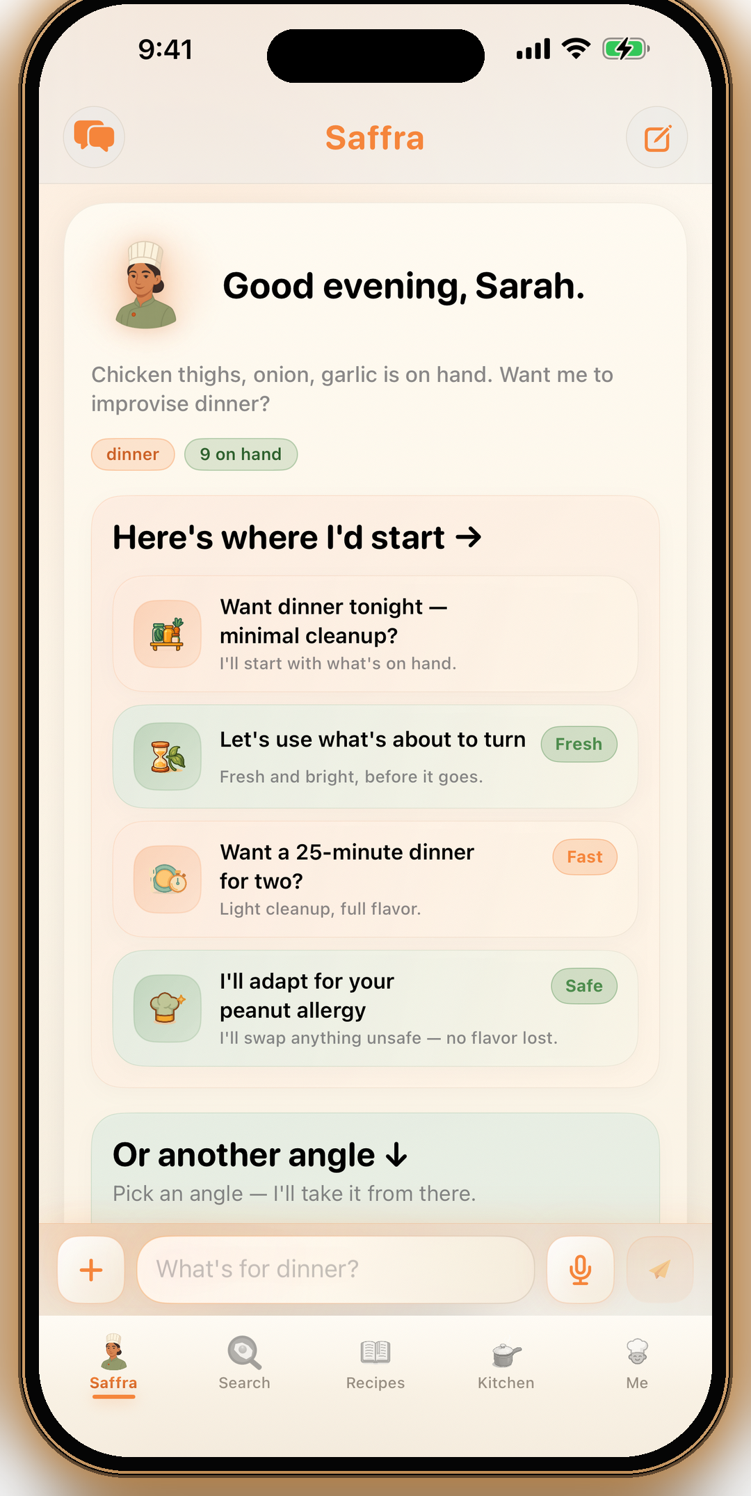 Saffra Chef tab in light mode — pantry-aware quick-start prompts
