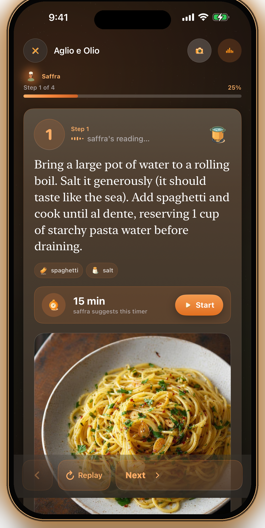 Cooking Mode in dark mode — hands-free voice with a suggested step timer