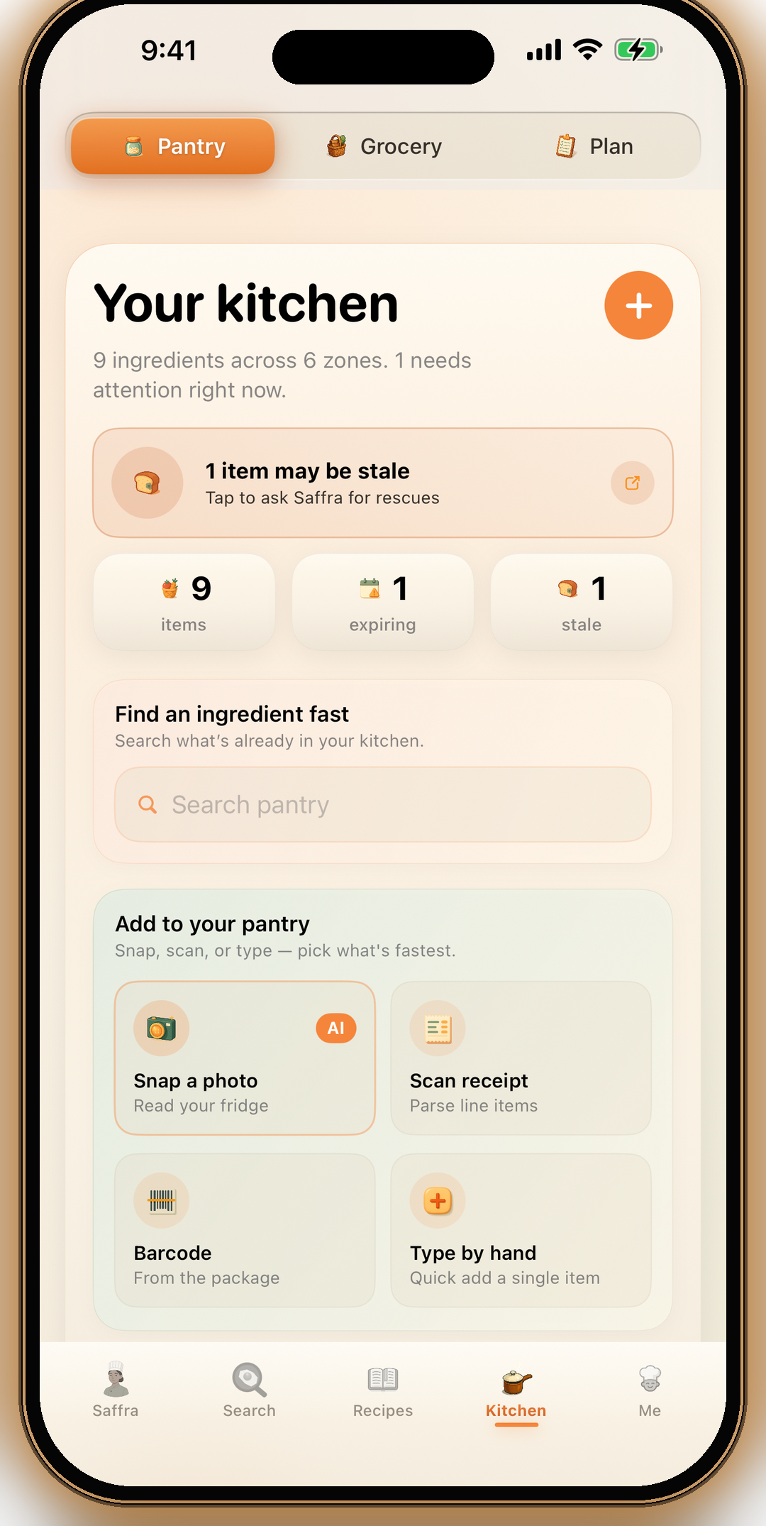 The pantry — item counts by category with expiring and stale flags, plus photo, receipt, and barcode capture