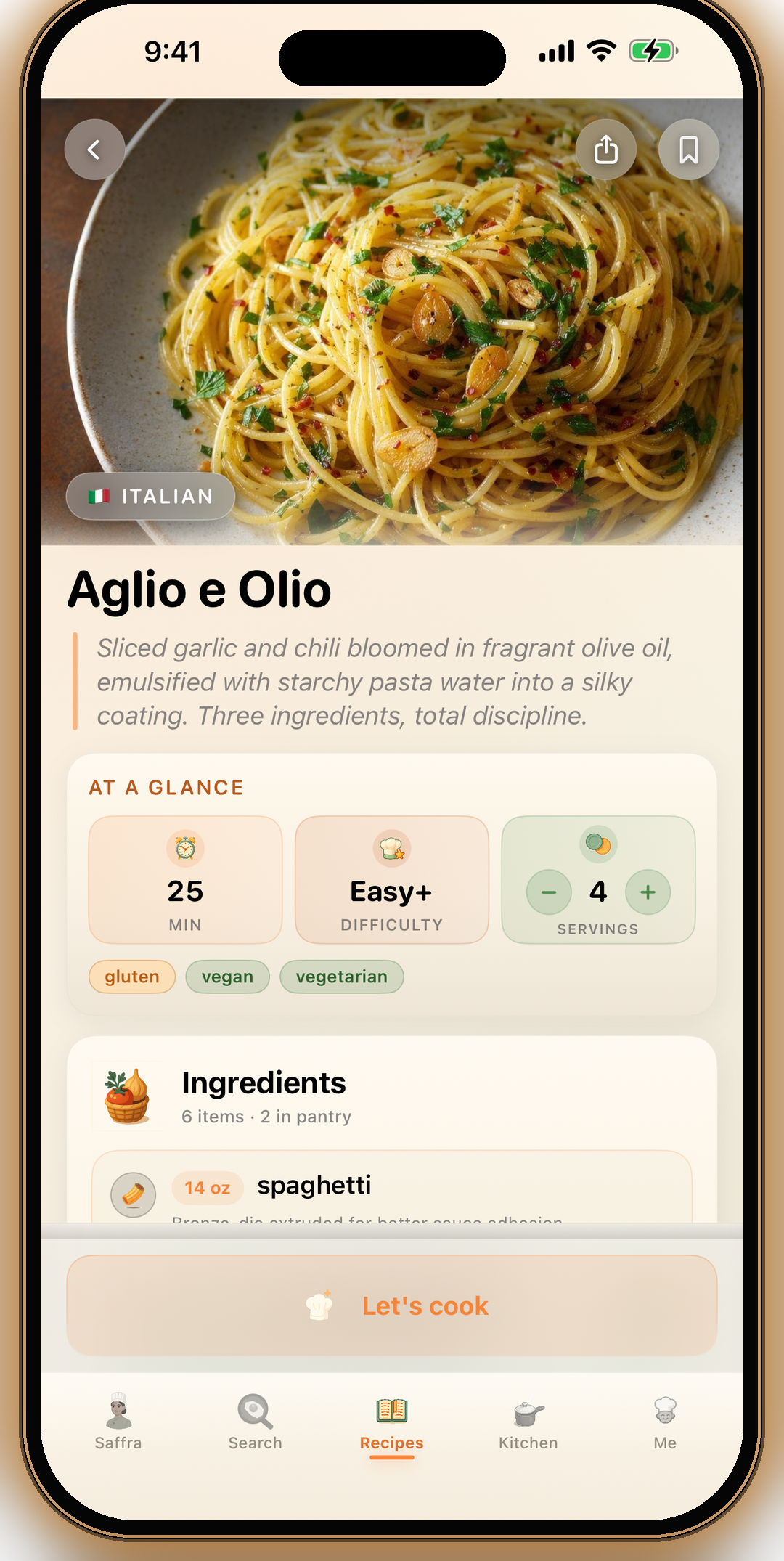 Recipe detail — hero photo with timing, difficulty, servings, and the Let's cook button