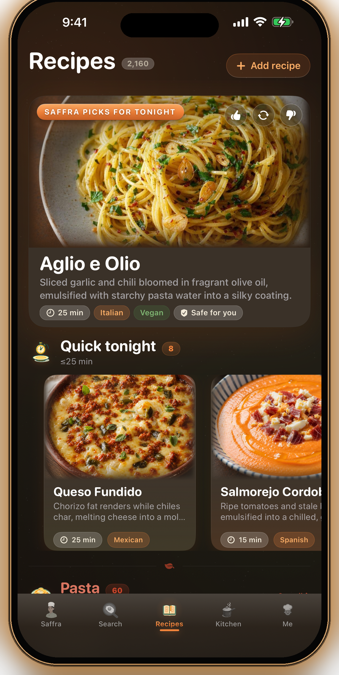 Recipe results as photo cards, each showing cuisine and cook time up front