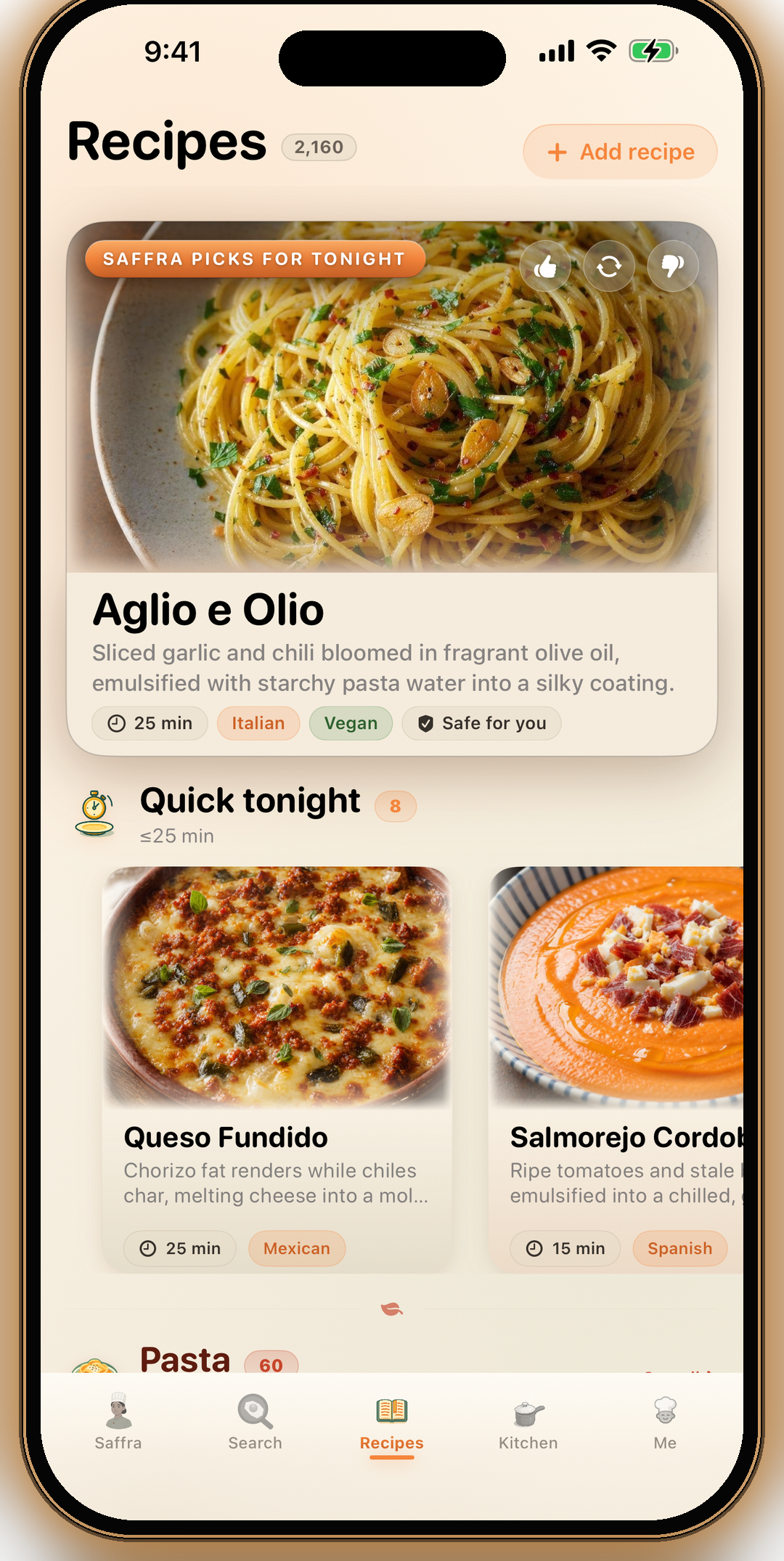 Recipes in light mode — a panel-vetted catalog with Saffra's daily pick