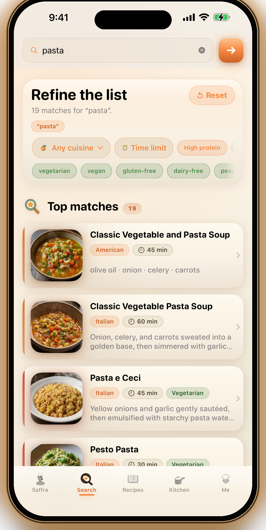 Search in light mode — semantic recipe search across the whole catalog