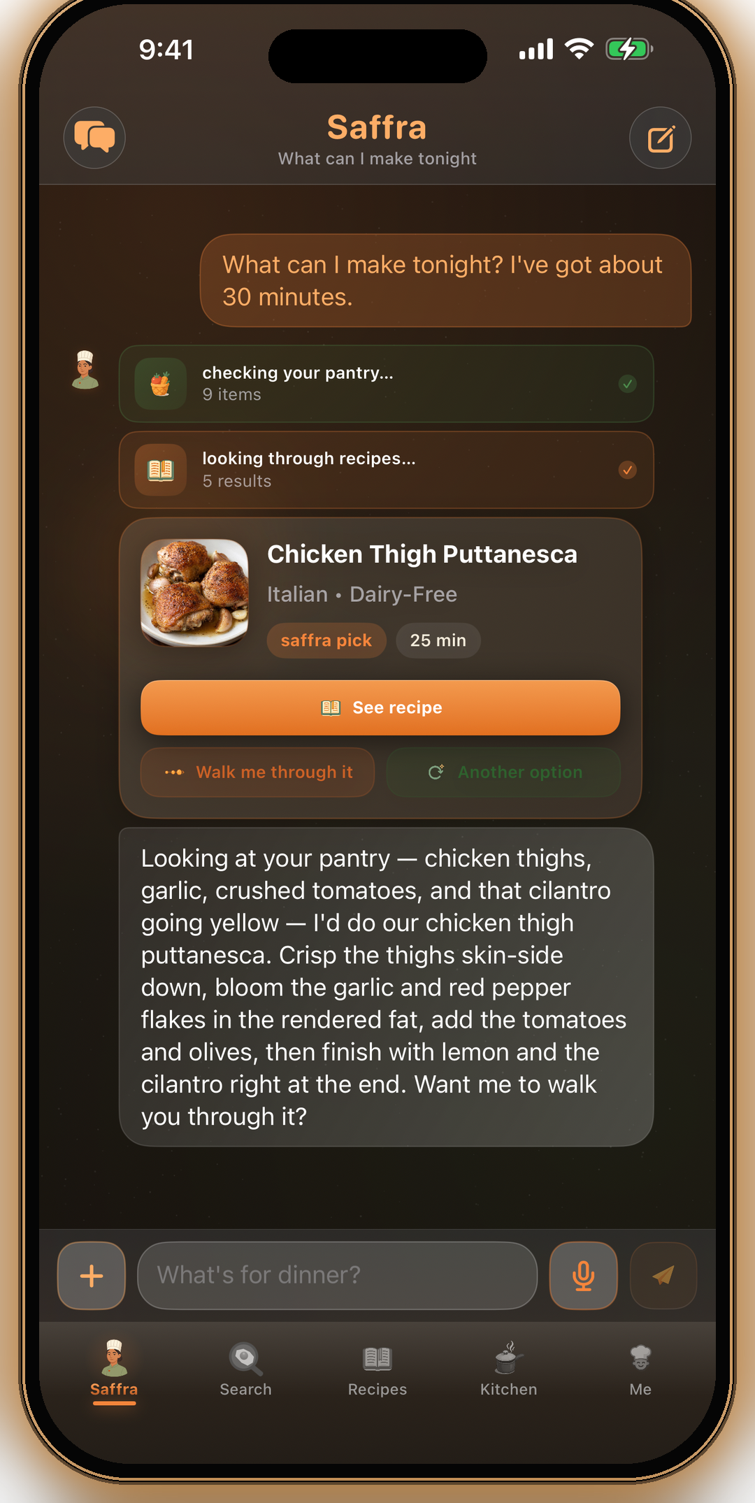 Ask Saffra in dark mode — she answers with a recipe pulled from the catalog