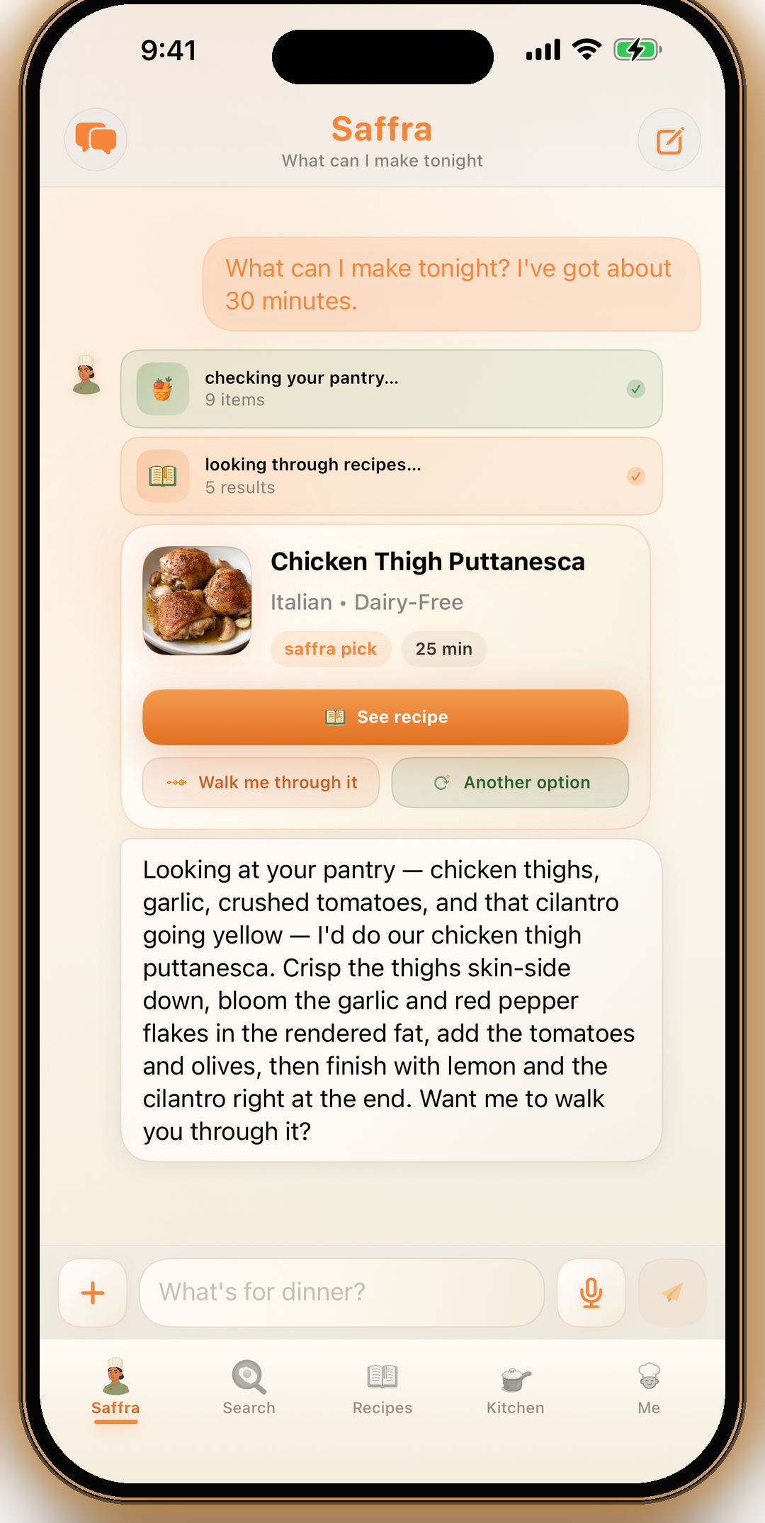 Ask Saffra answering with a tappable recipe card after checking the pantry