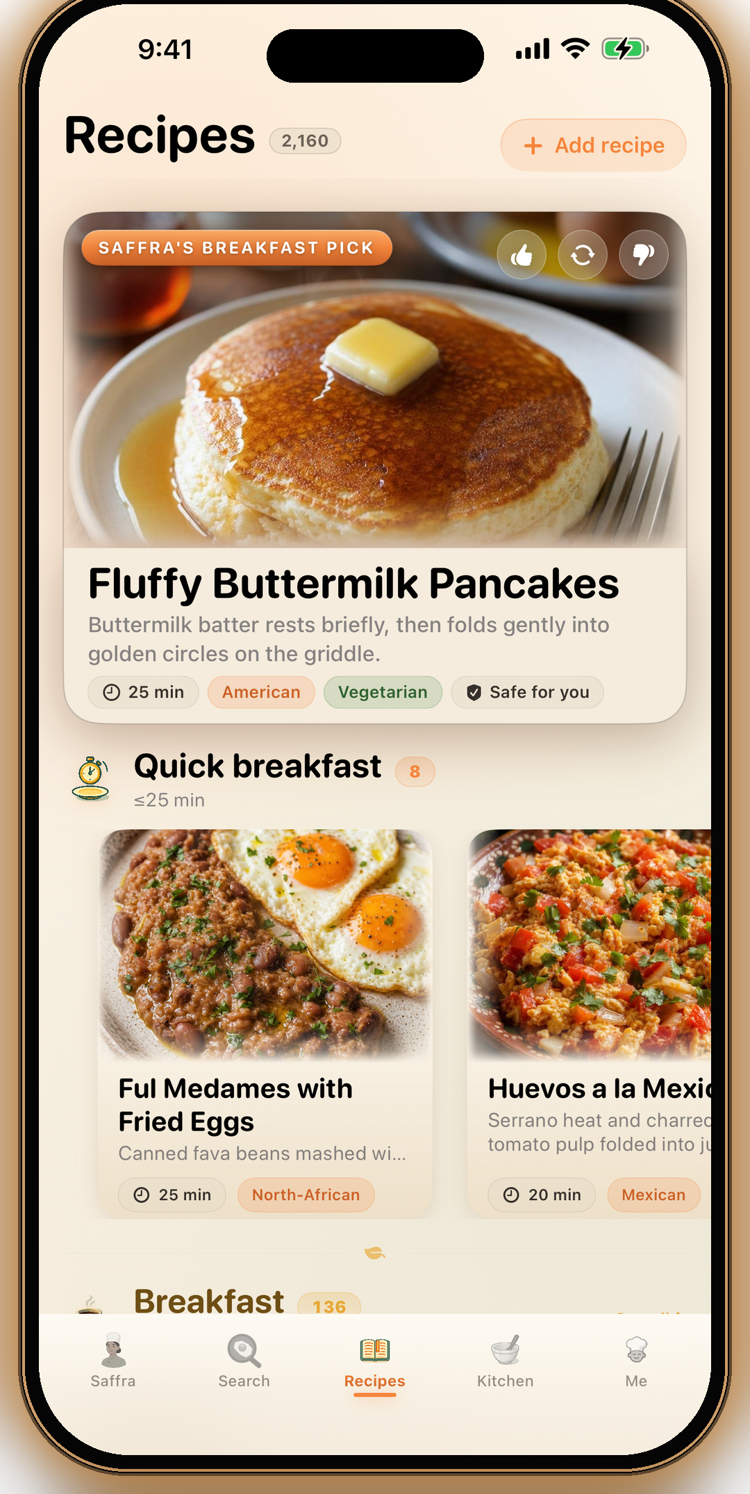 Recipes tab in the morning — Saffra's breakfast pick and a Quick breakfast rail