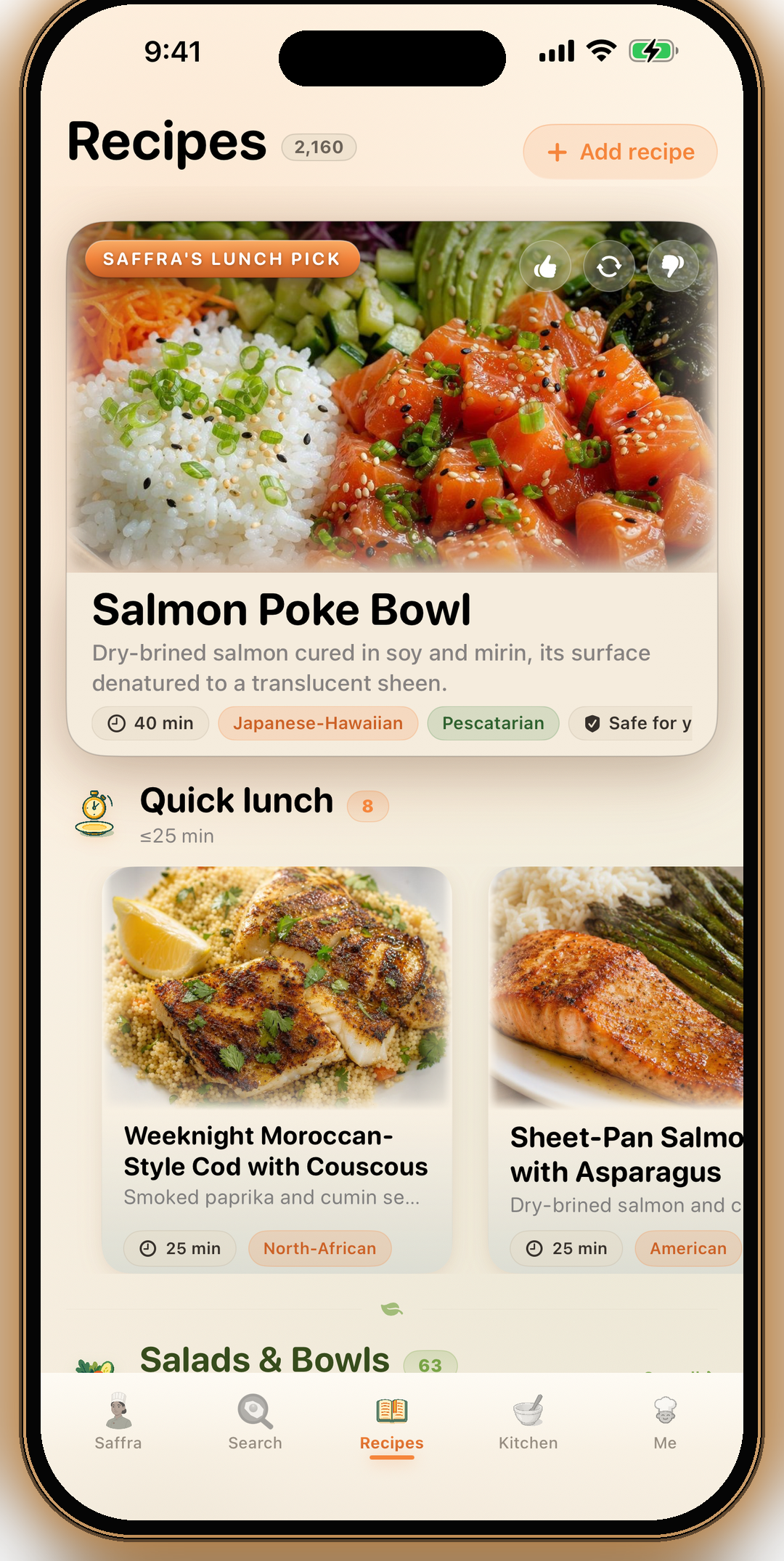 Recipes tab at midday — Saffra's lunch pick with bowls and salads ranked first