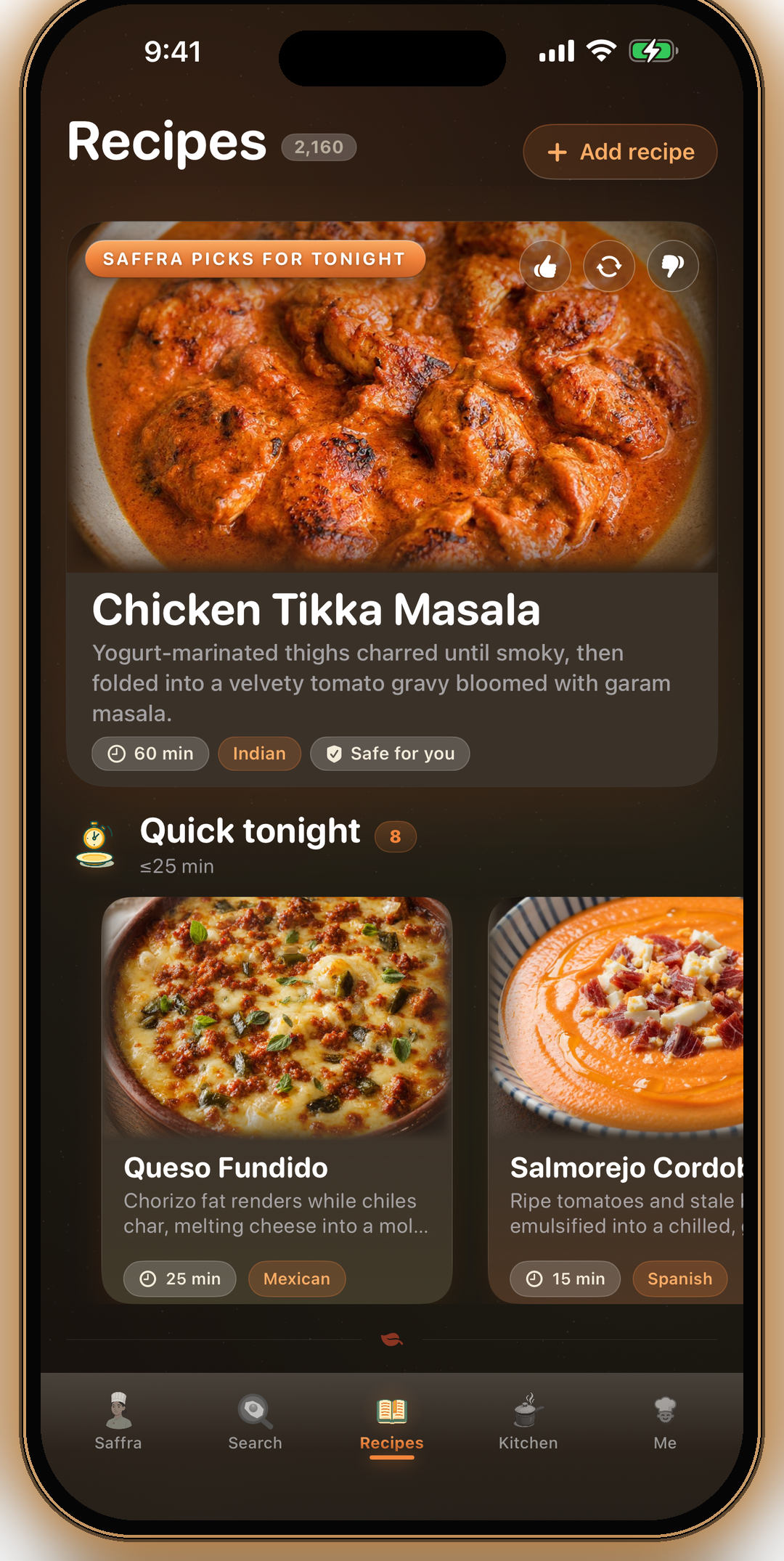 Recipes at dinner time in dark mode — Saffra picks for tonight