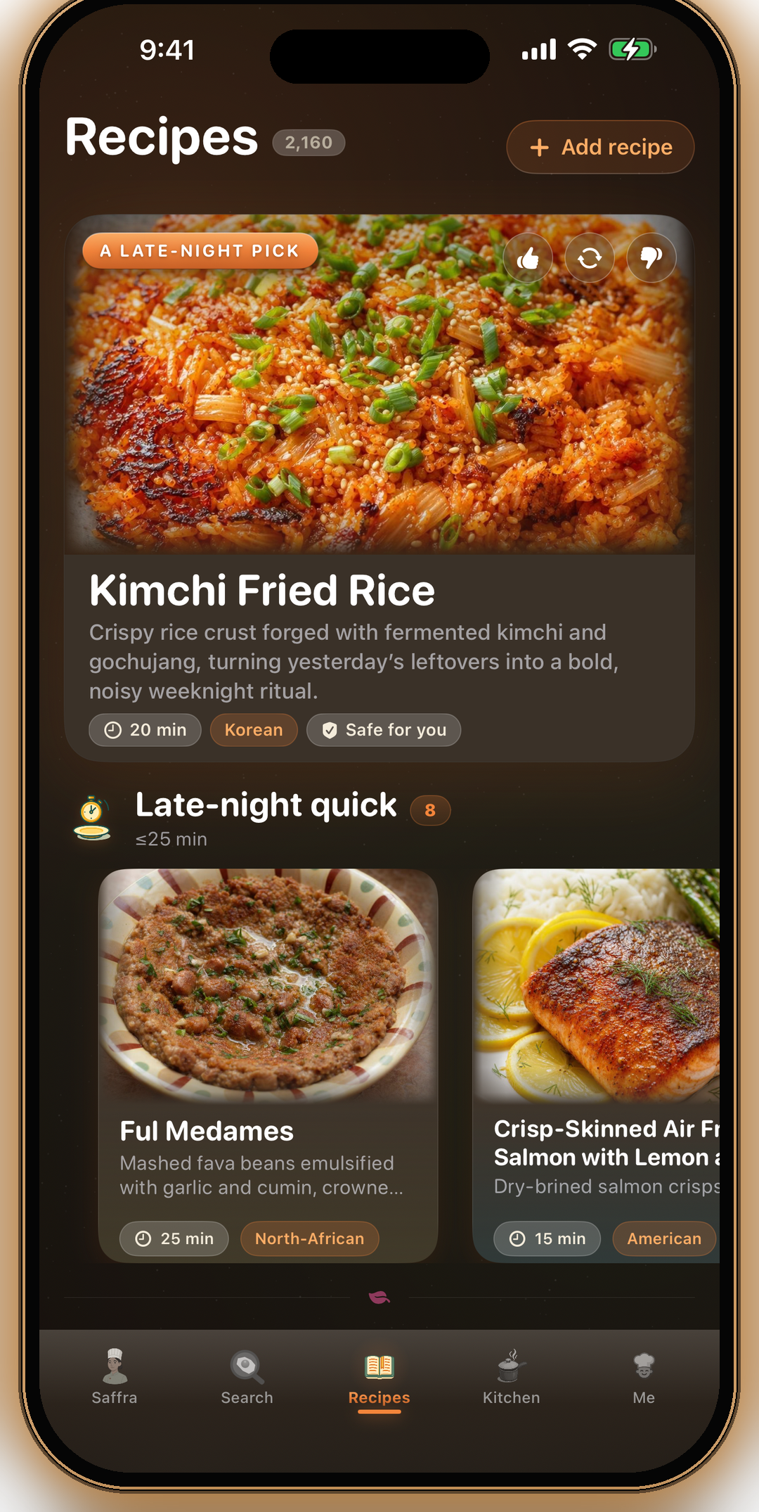 Recipes tab late at night — a late-night pick and a rail of 25-minute dishes