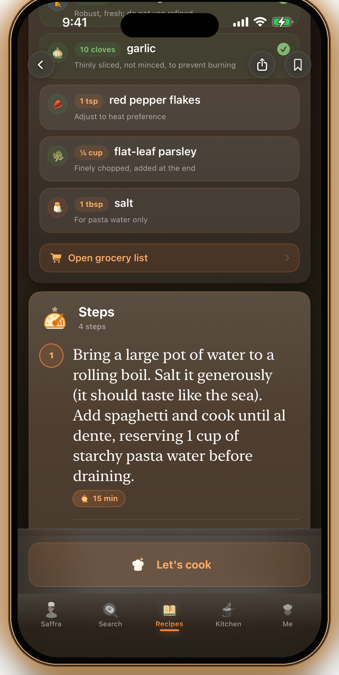 Recipe detail scrolled — the ingredient list checked against your pantry