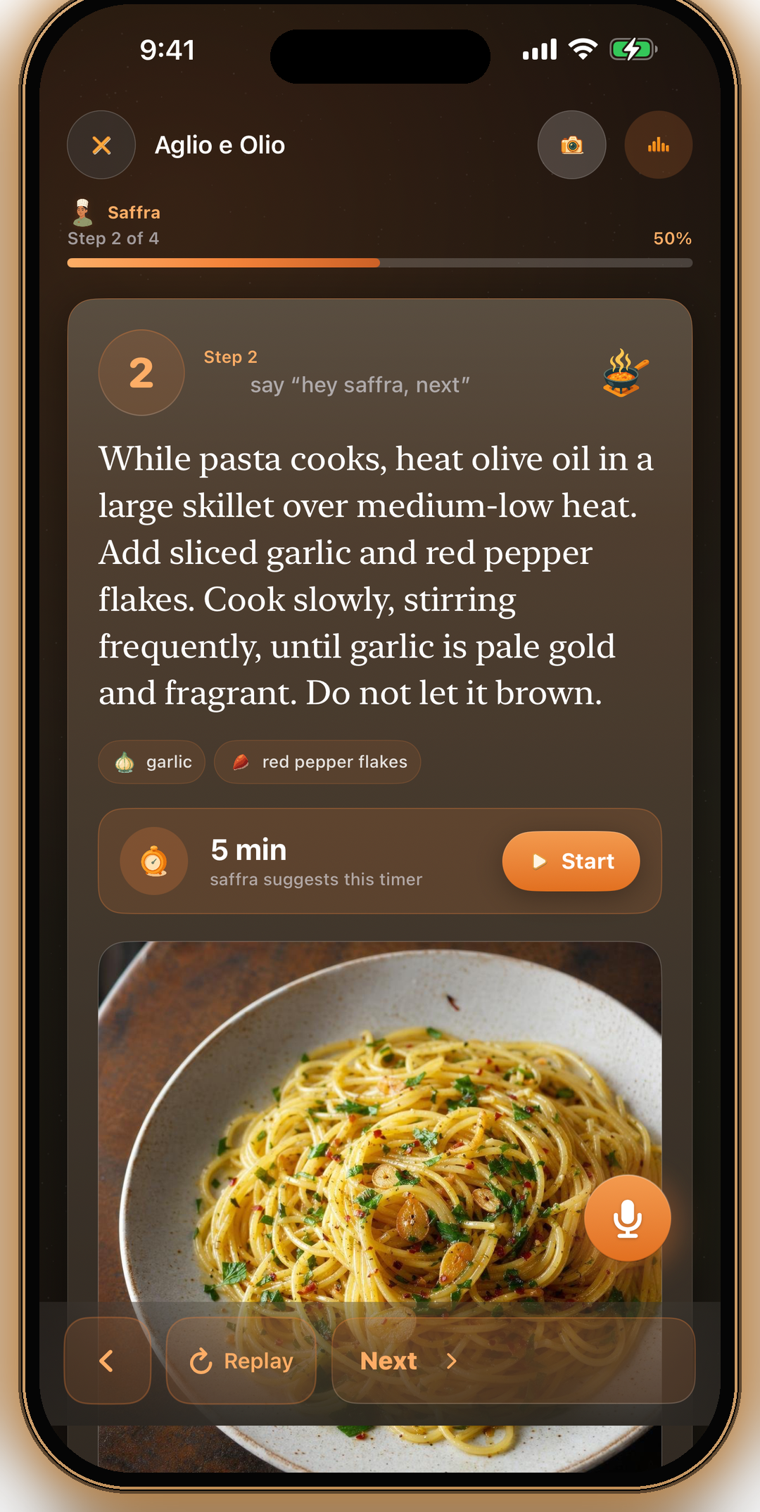 Cooking Mode mid-recipe — the dish photo on the step card with progress bar and hands-free controls
