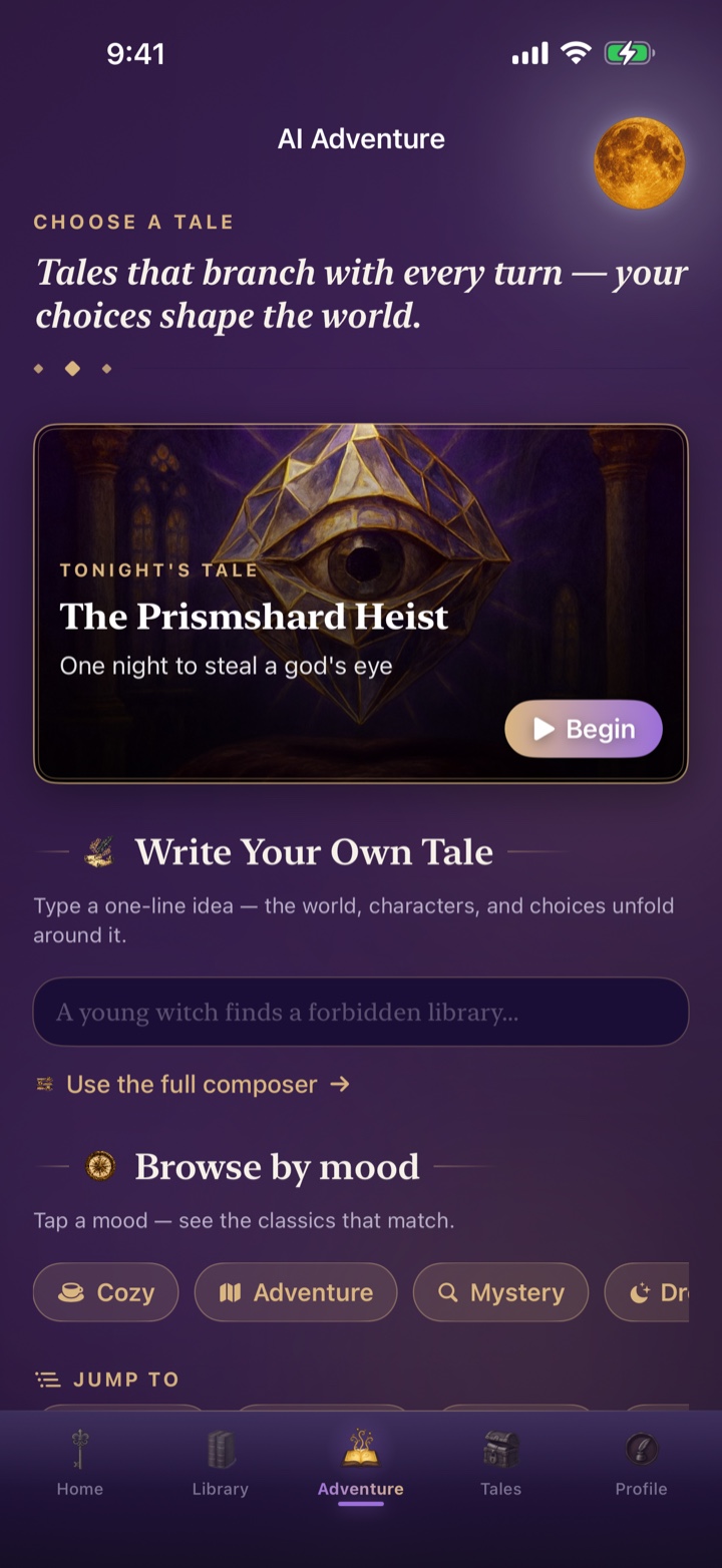 AI Adventure picker in dark mode — Tonight's Tale: The Prismshard Heist under a full moon, Write Your Own Tale, and Browse by mood