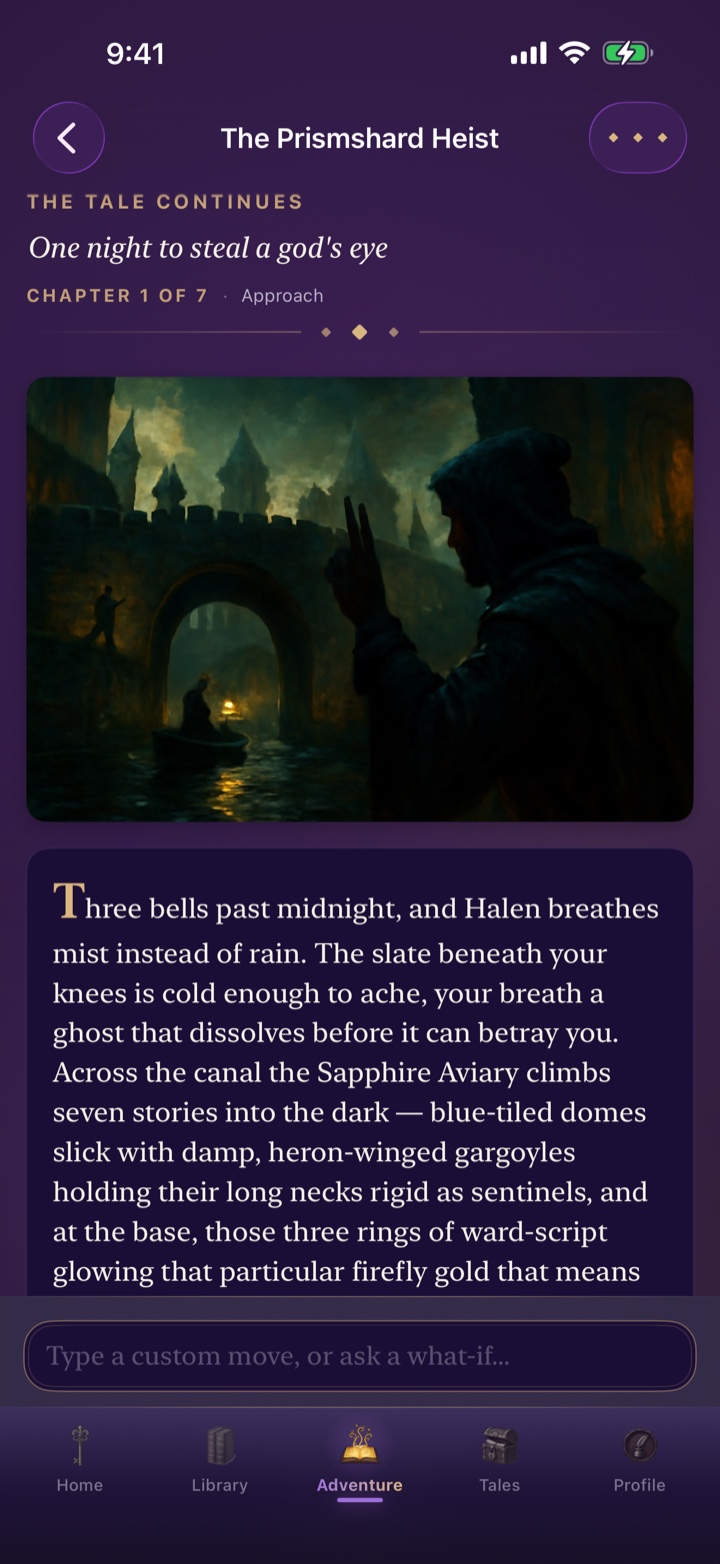 A live AI Adventure turn — The Prismshard Heist in dark mode, a painted scene above the story text and a 'Type your own move' box