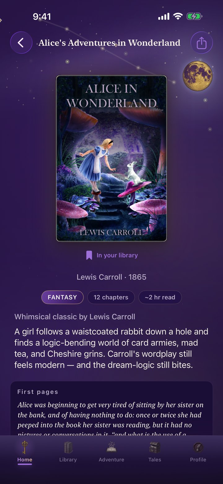Alice in Wonderland book detail in dark mode — painted cover, Fantasy tag, chapters, and first-pages preview