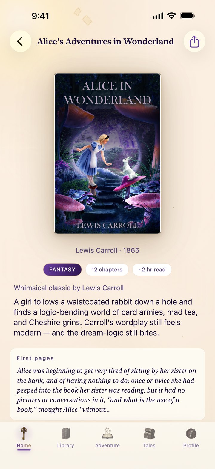 Alice in Wonderland book detail — painted cover, Fantasy tag, 12 chapters, editorial blurb, and a first-pages preview