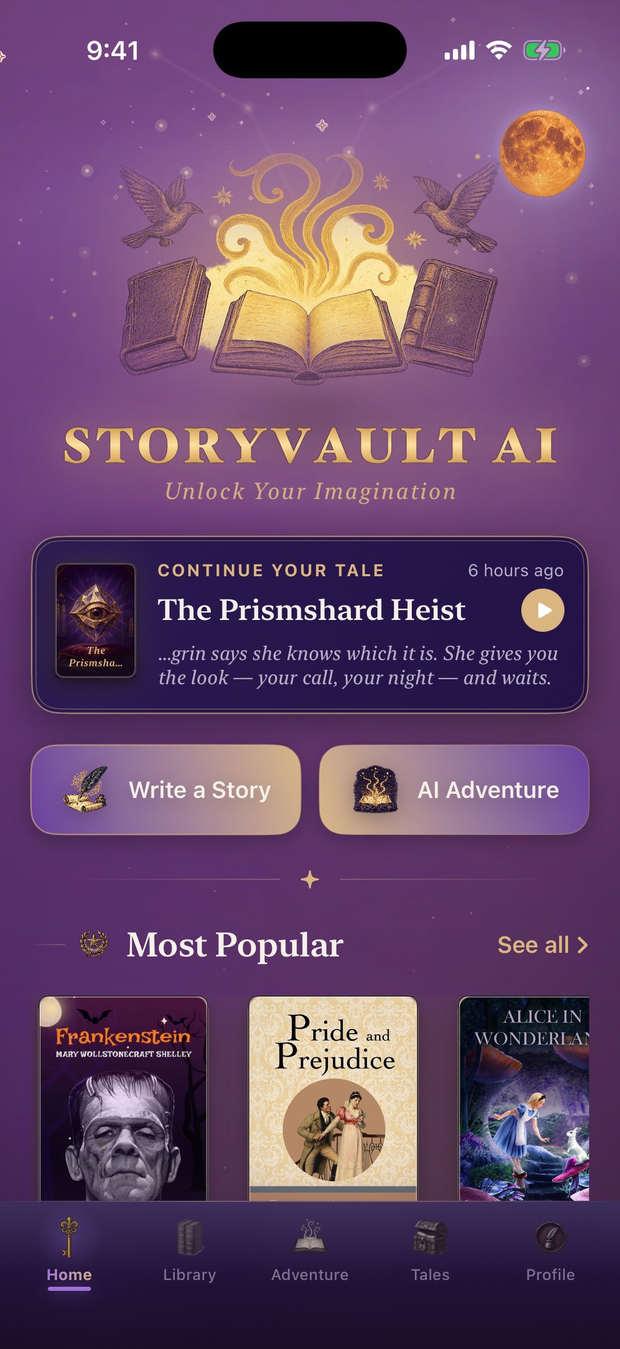 StoryVault AI home in dark mode — the same literary home by night