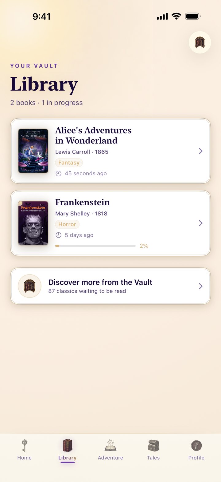 Your Vault library in light mode — the Veilkeep Manor adventure beside Alice, Dracula, and Frankenstein