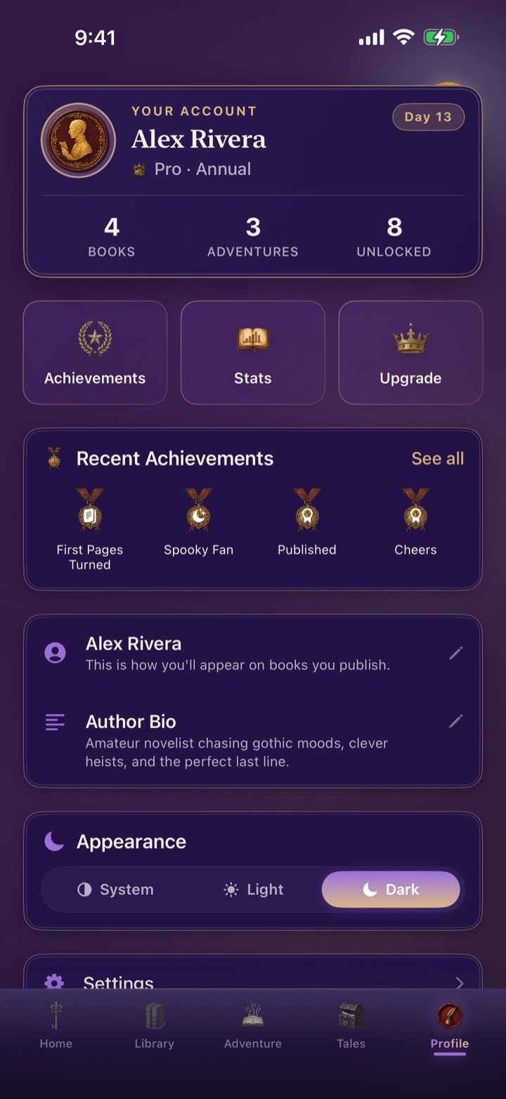 Profile in dark mode — books, adventures, and unlocks at a glance, recent achievements, and appearance themes