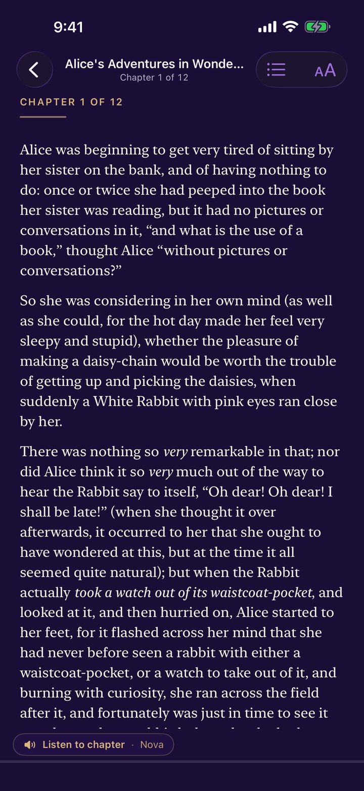 The reader in dark mode — Alice in Wonderland in a clean night-reading view